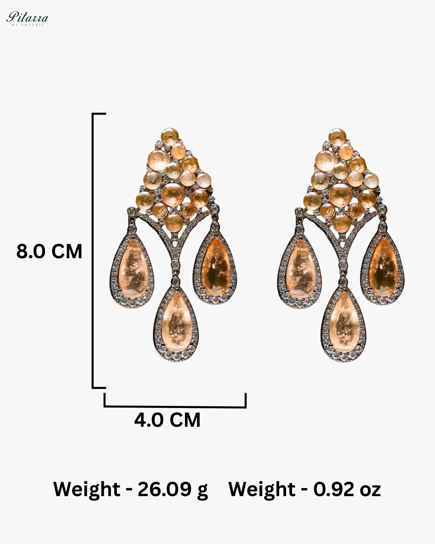 Peach Stone Three Teardrop Silver Finish CZ Doublet Dangler Earrings