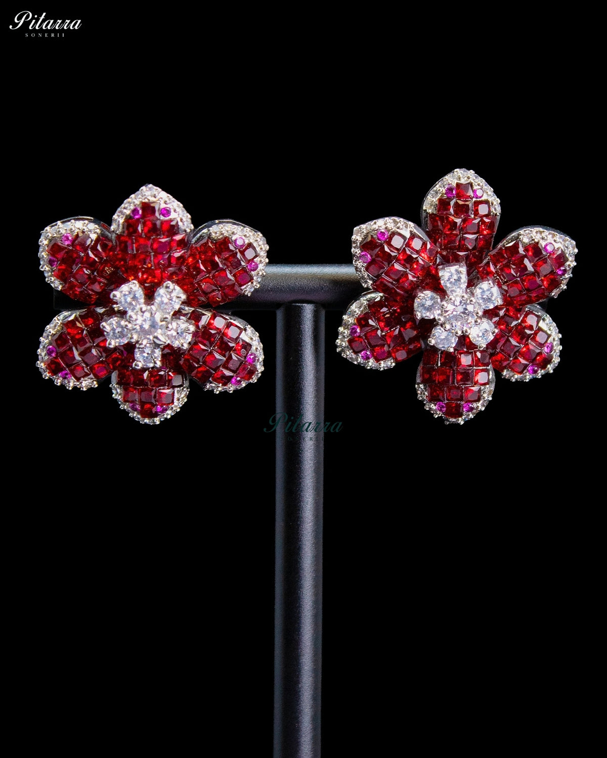 Ruby Red Crystal Flower Stud Earrings