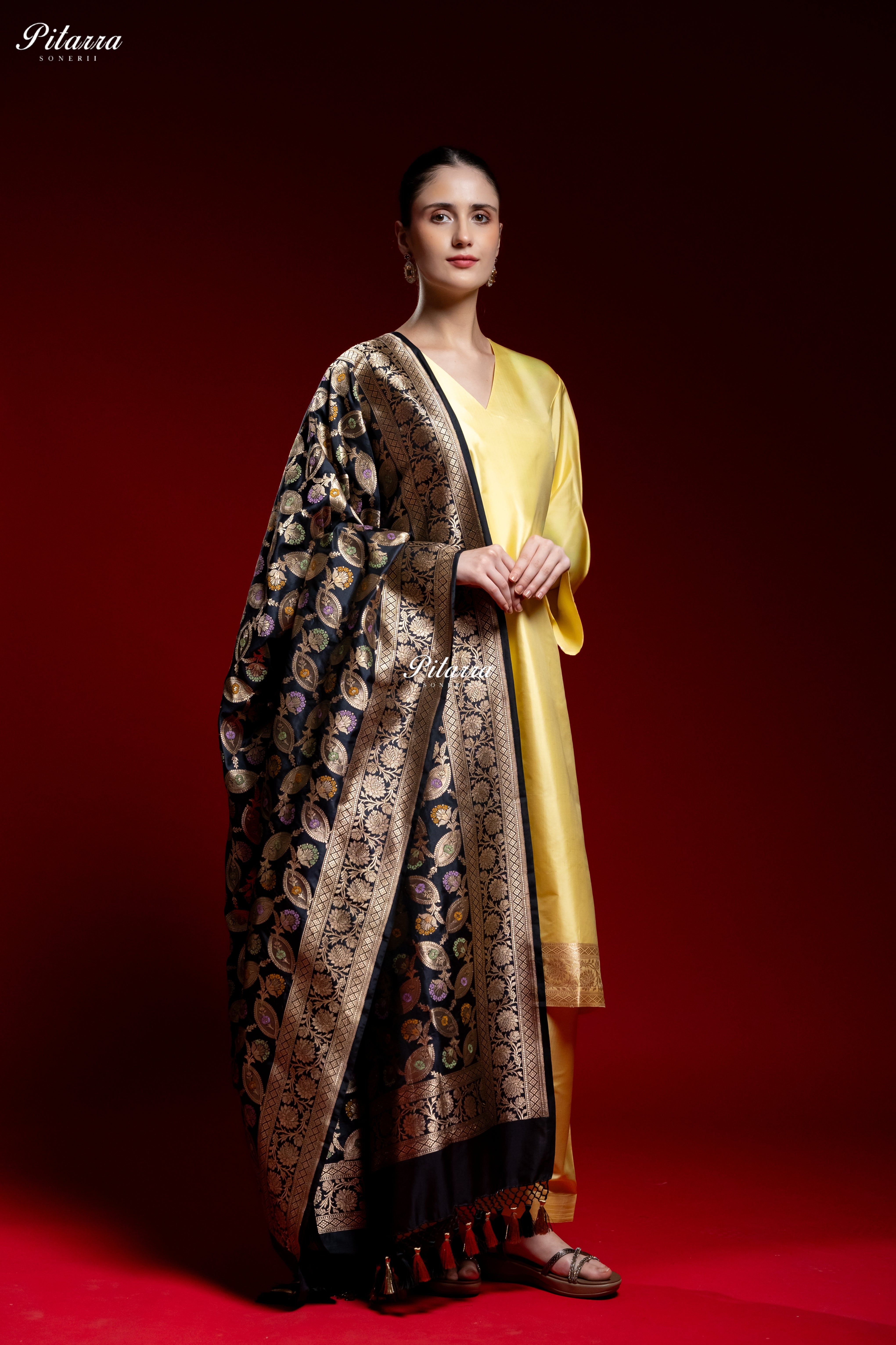 Golden Yellow Silk Kurta Set with Black Banarasi Dupatta