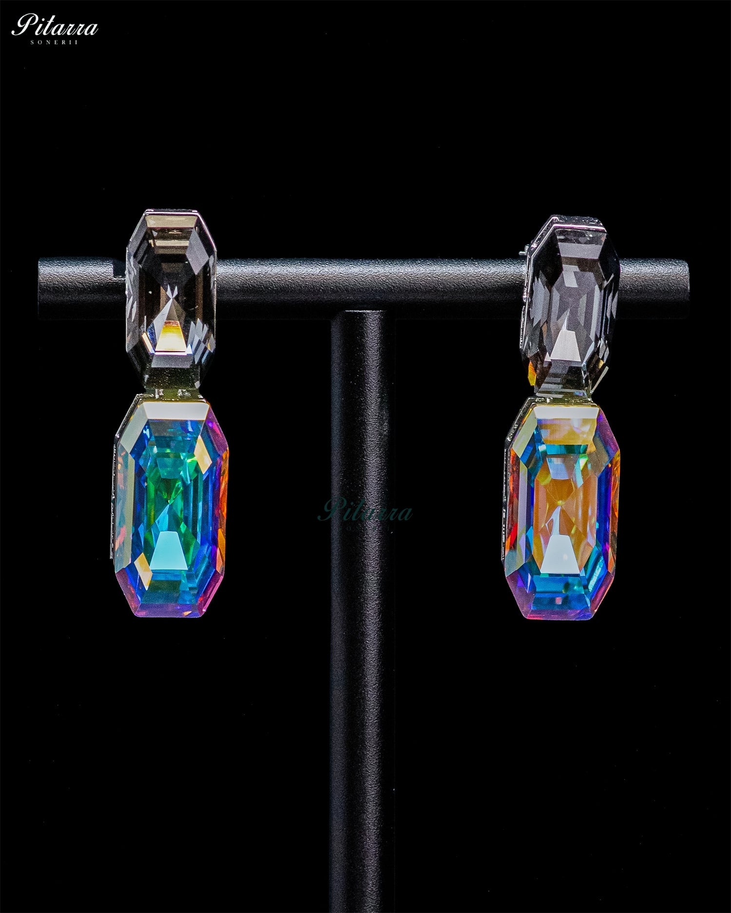 Smoky Grey and Multicolor Emerald-Cut Crystal Drop Earrings