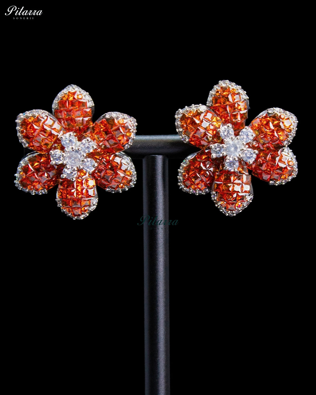 Orange Amber Crystal Flower Stud Earrings