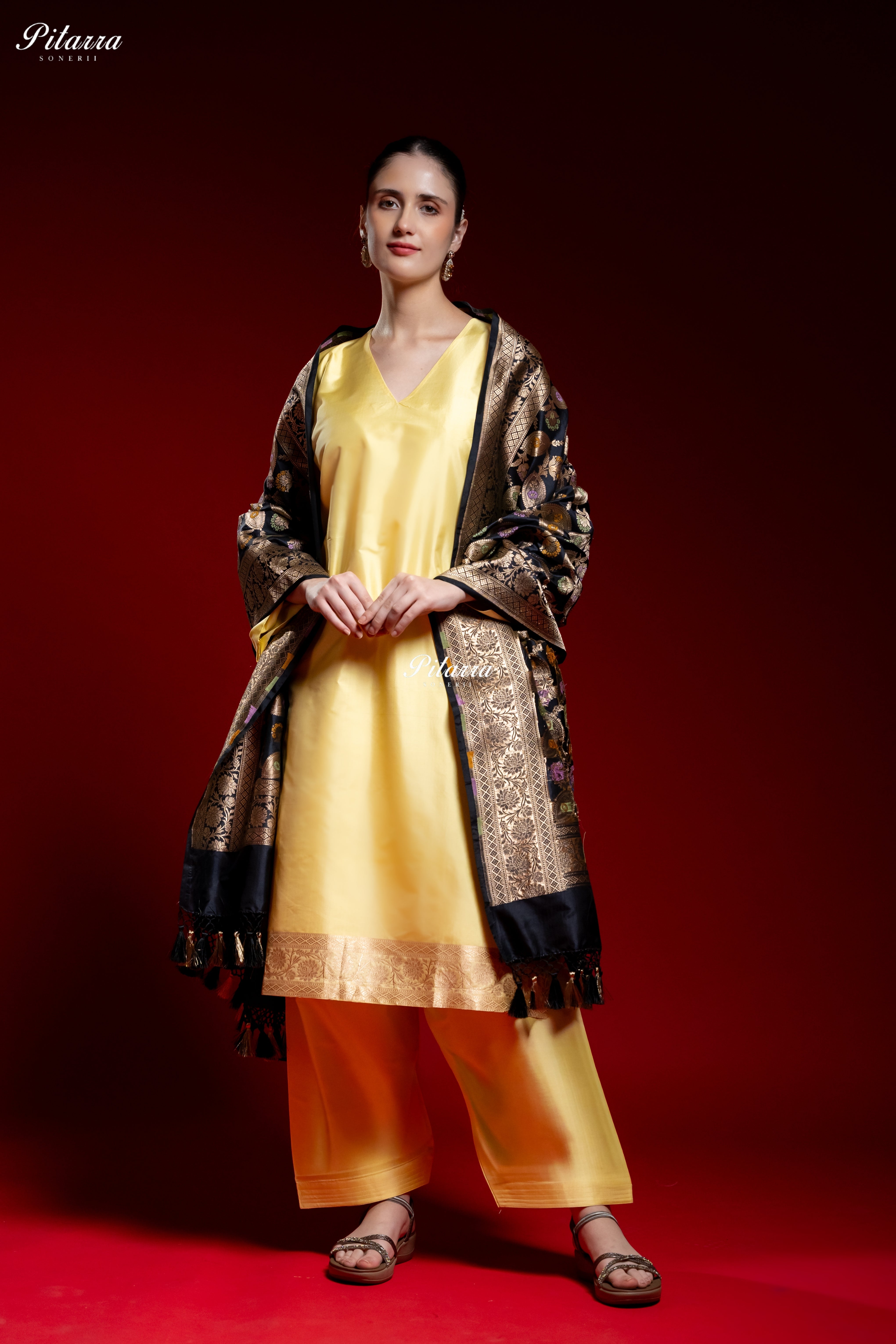 Golden Yellow Silk Kurta Set with Black Banarasi Dupatta