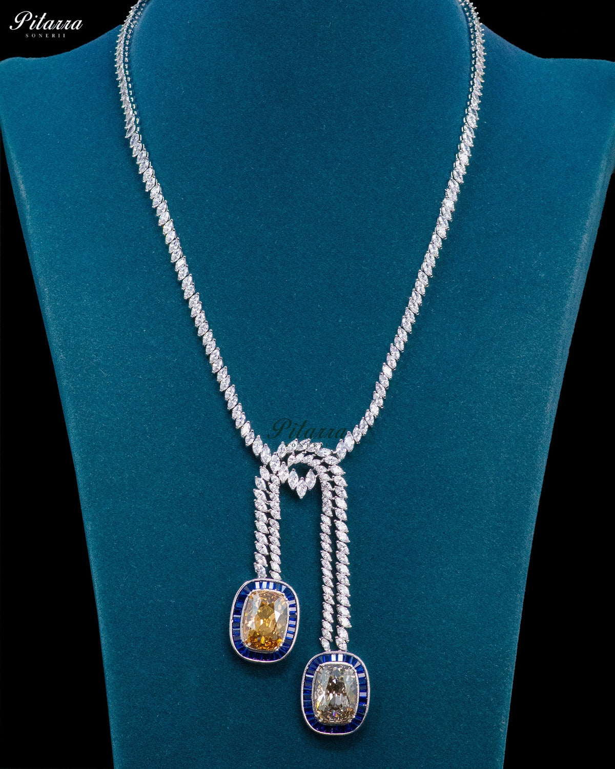 Champagne Stone Blue Baguette Zircon Silver Crystal Lariat Necklace Set