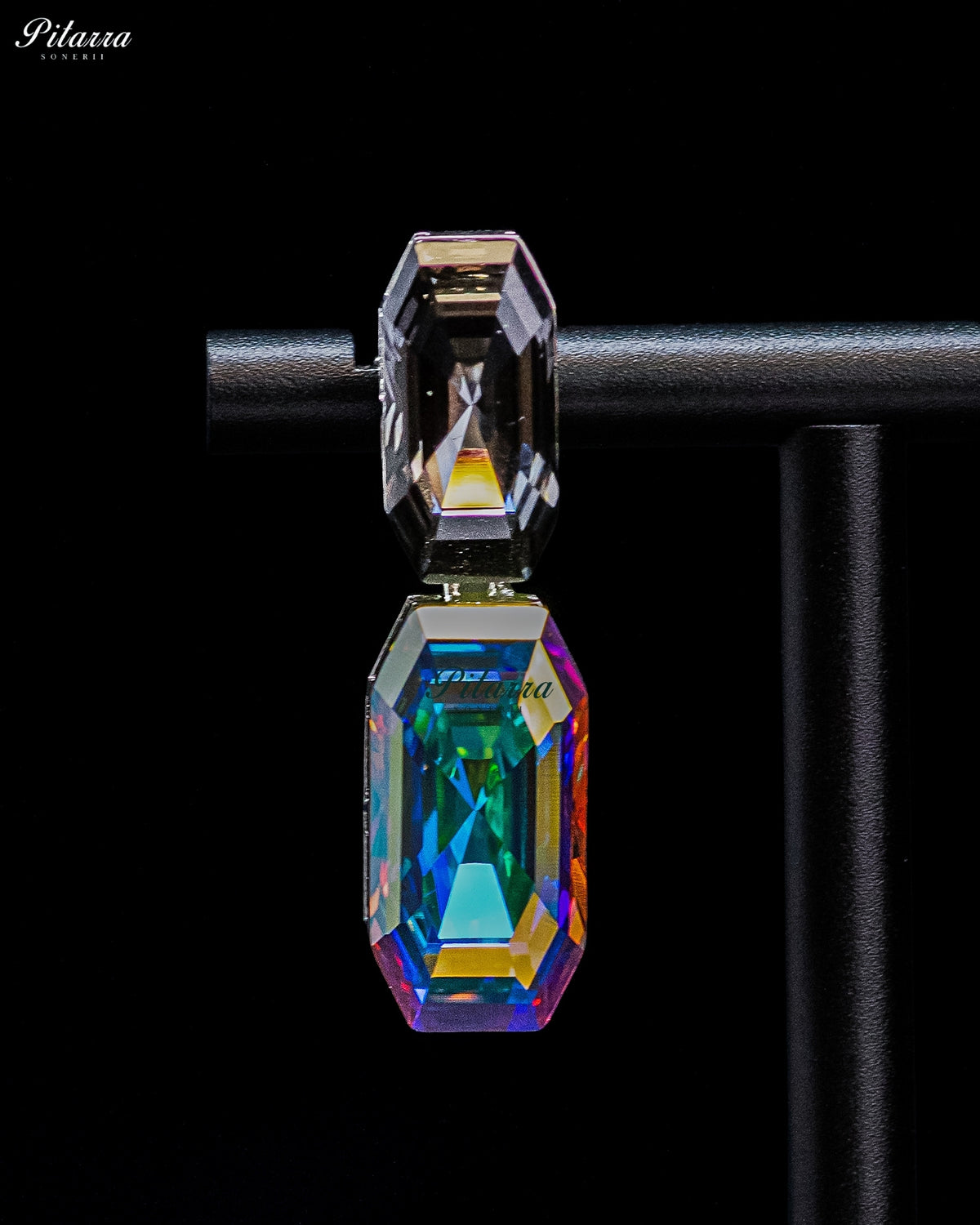 Smoky Grey and Multicolor Emerald-Cut Crystal Drop Earrings