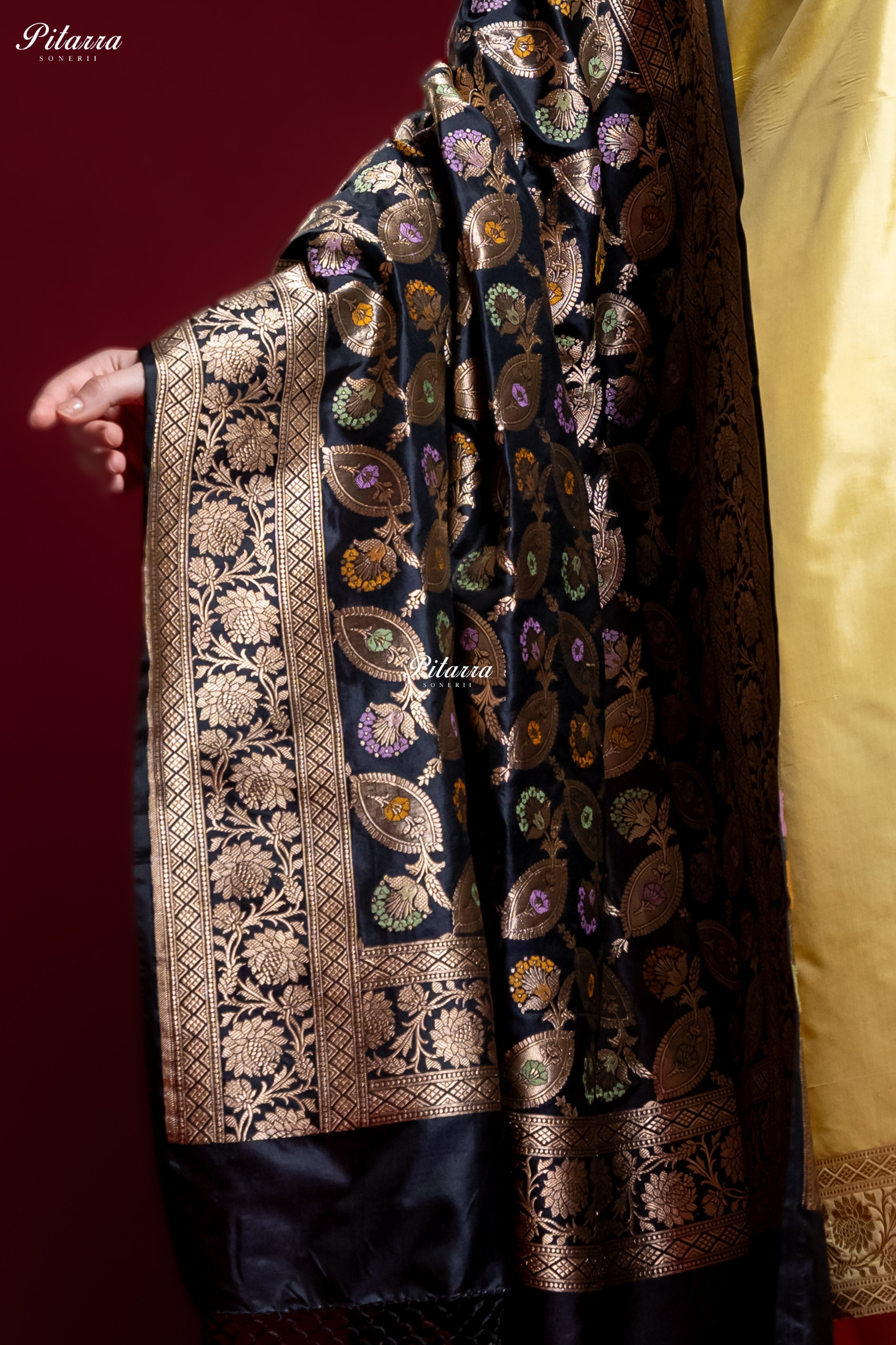 Golden Yellow Silk Kurta Set with Black Banarasi Dupatta