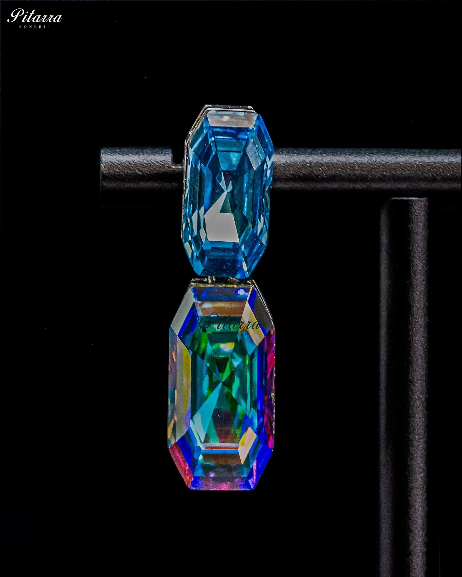Blue and Multicolor Emerald-Cut Crystal Drop Earrings