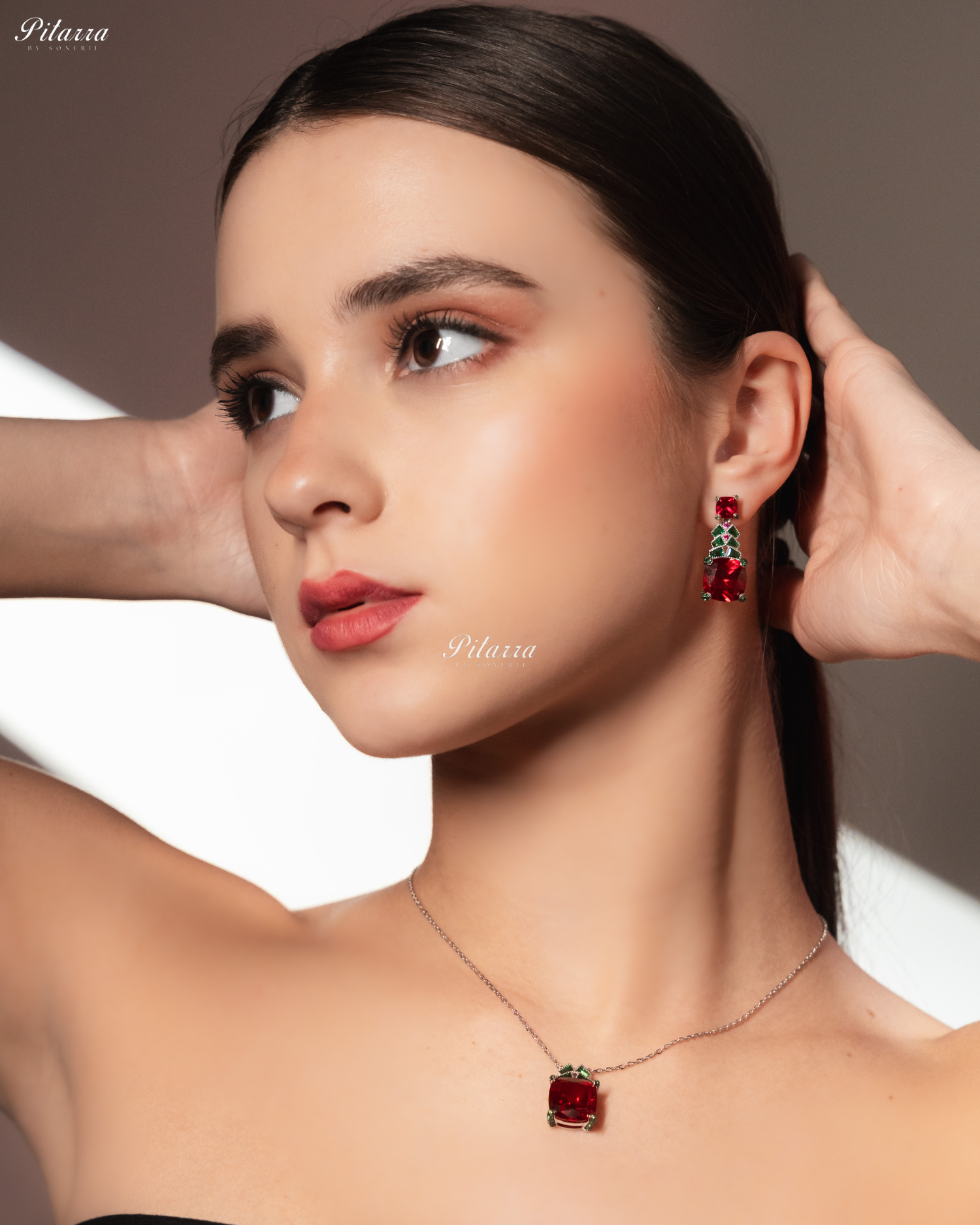 Ruby Red 92.5 Silver Plated Chain Pendent Necklace Set