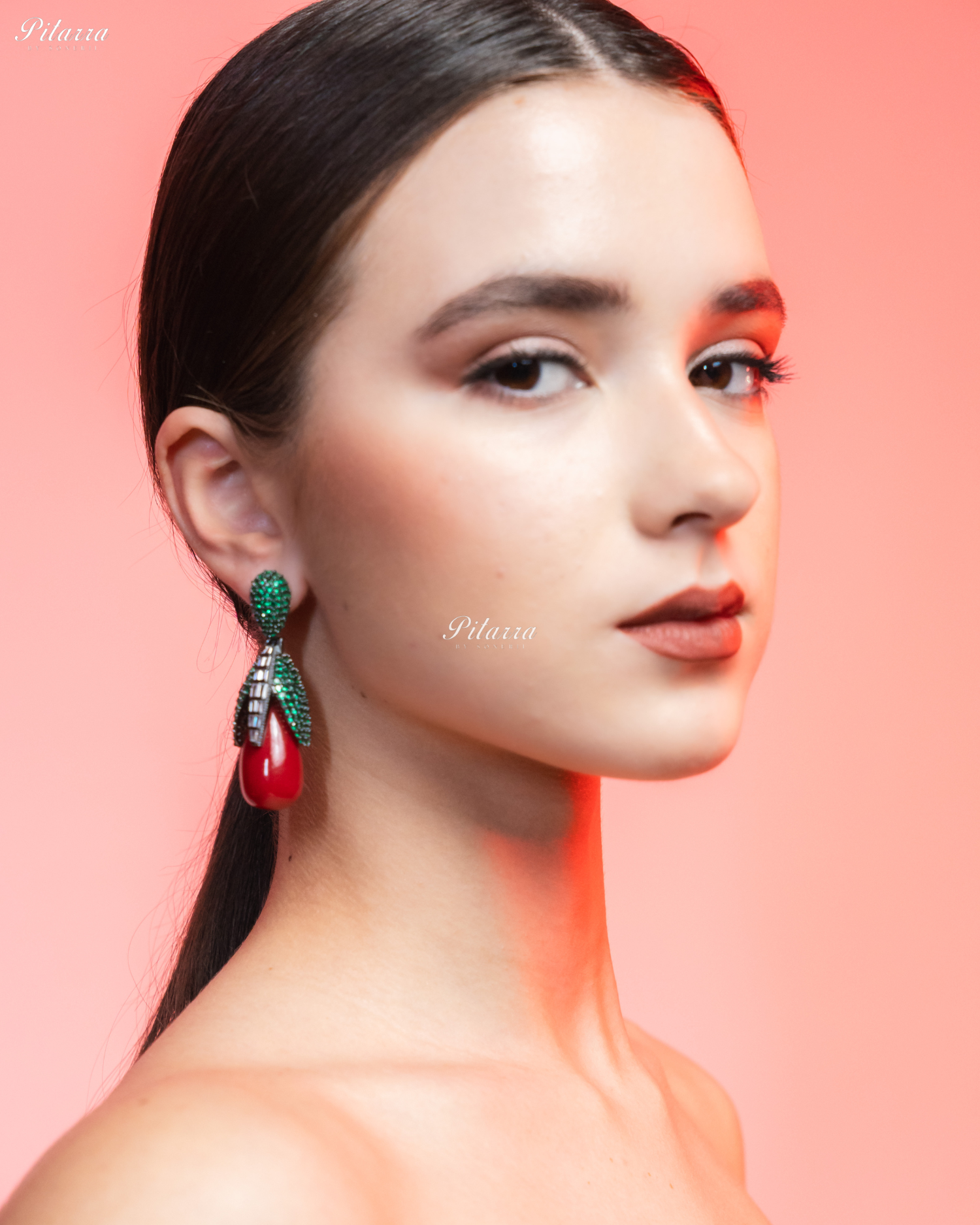 Emerald Leaf Red Teardrop CZ Crystal Earrings