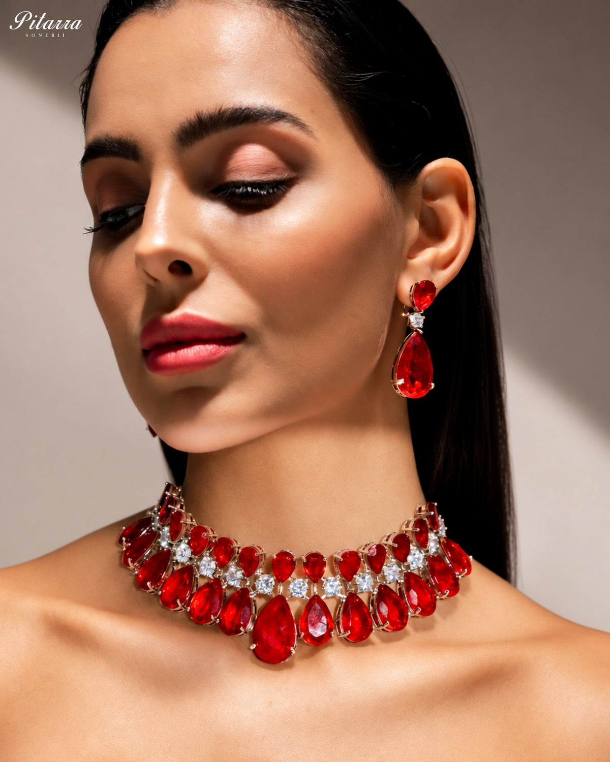 Ruby Red Crystal Statement Choker Necklace Set
