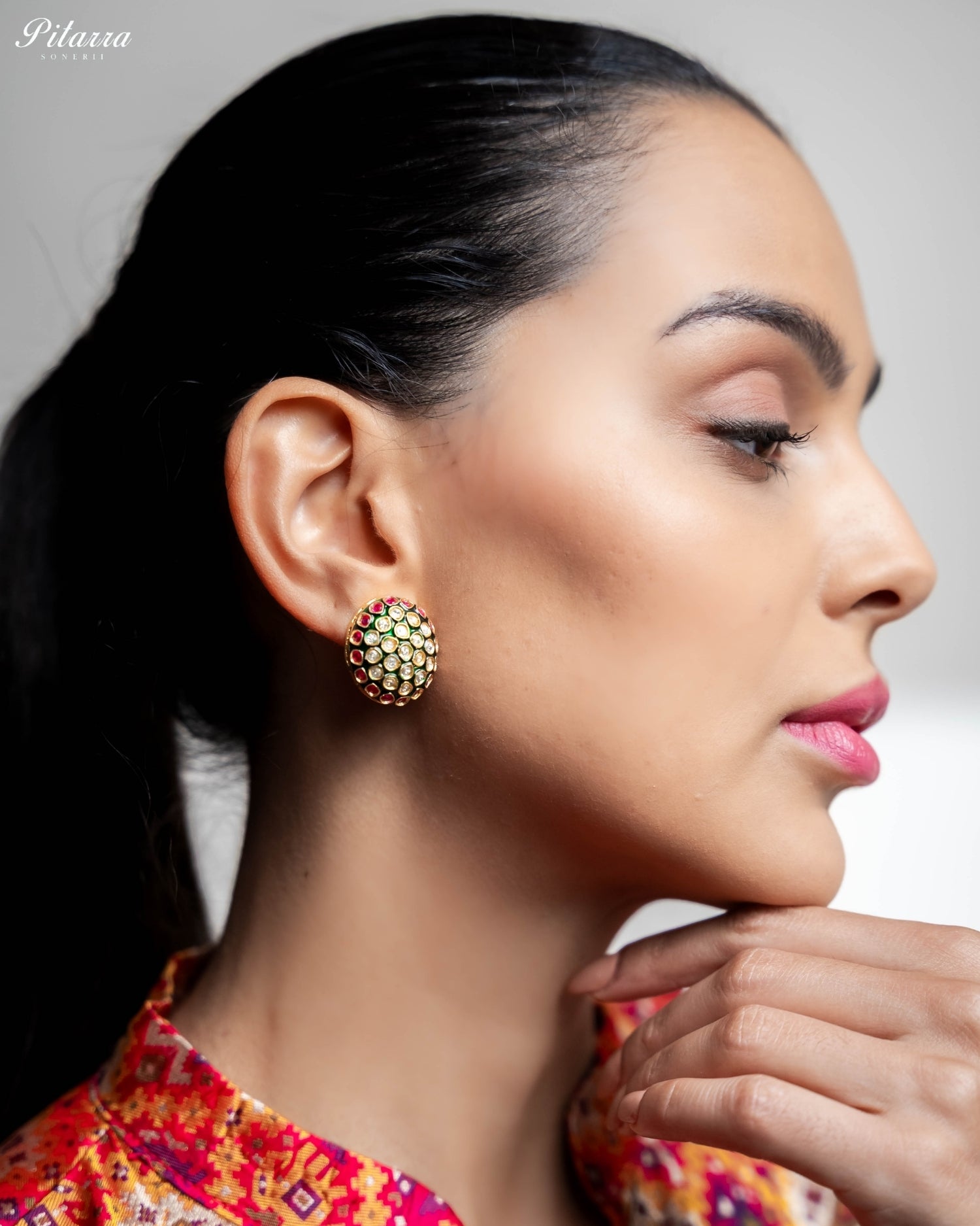 Ruby Diamond Green Enamel Dome Stud Earrings
