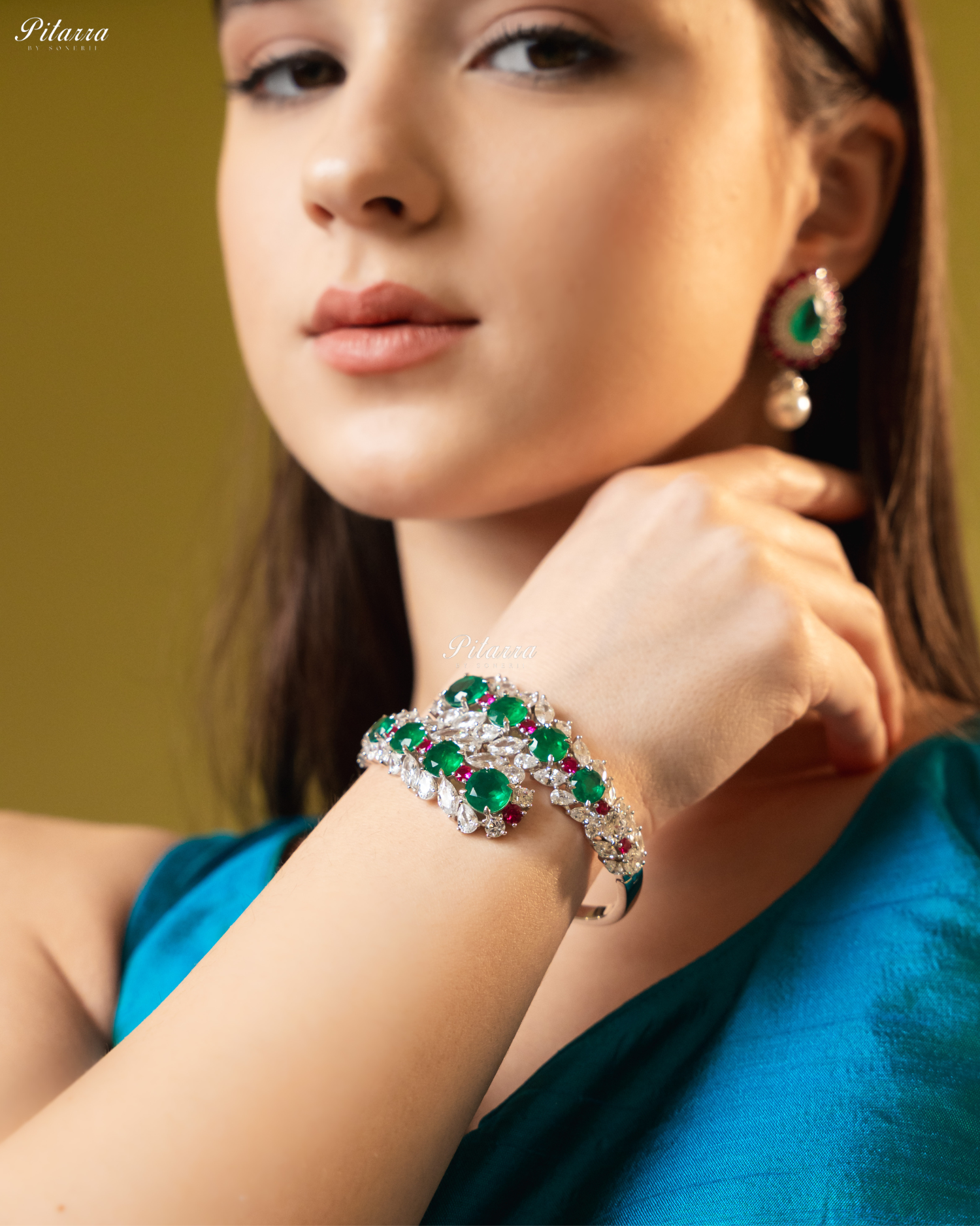 Emerald Stone Floral Zircon 92.5 Silver Bracelet
