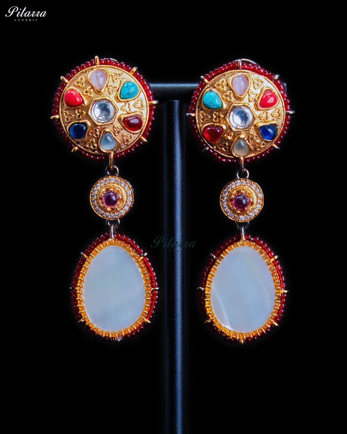 Royal Navratna Inspired Multicolor Kundan Gold Tone Dangler Earrings - Ruby Red