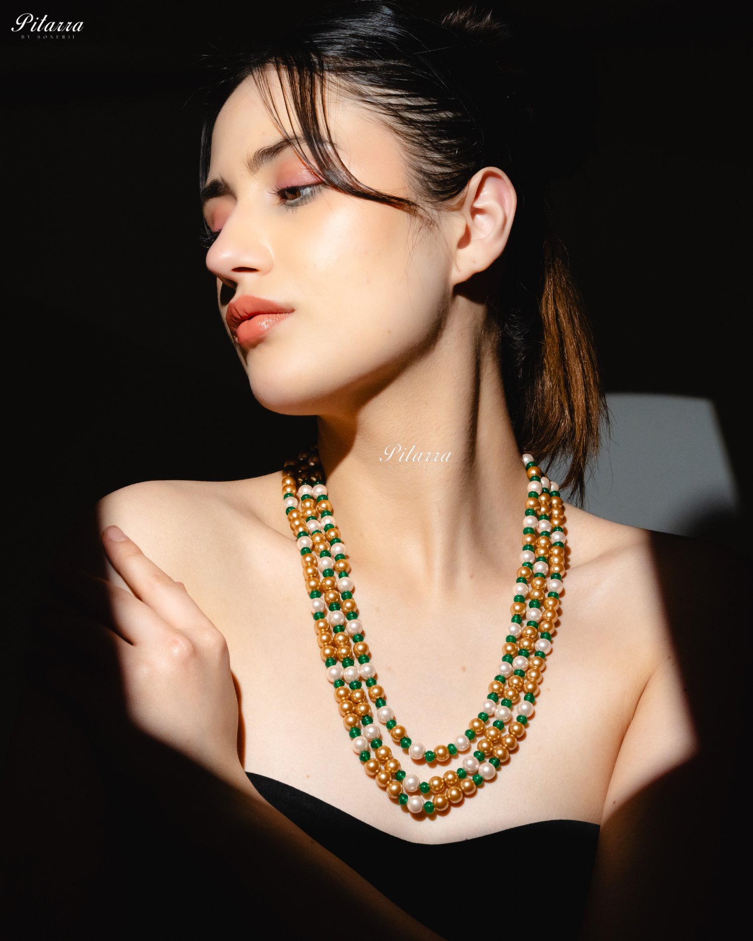 Three Layer Multi Color Pearl Studed Necklace