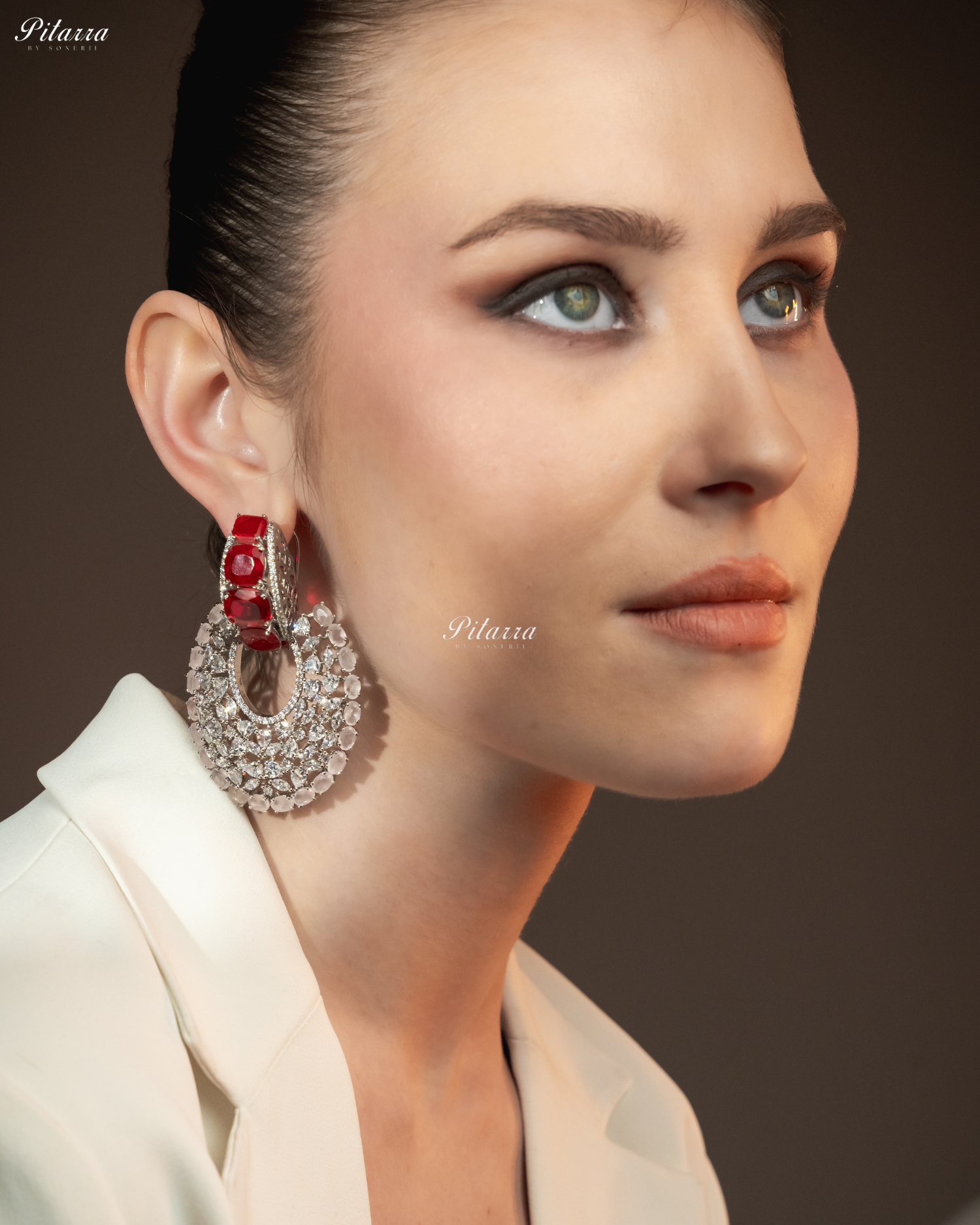 Red Stone White and pink Layer Cubic Zirconia Dangler Earrings