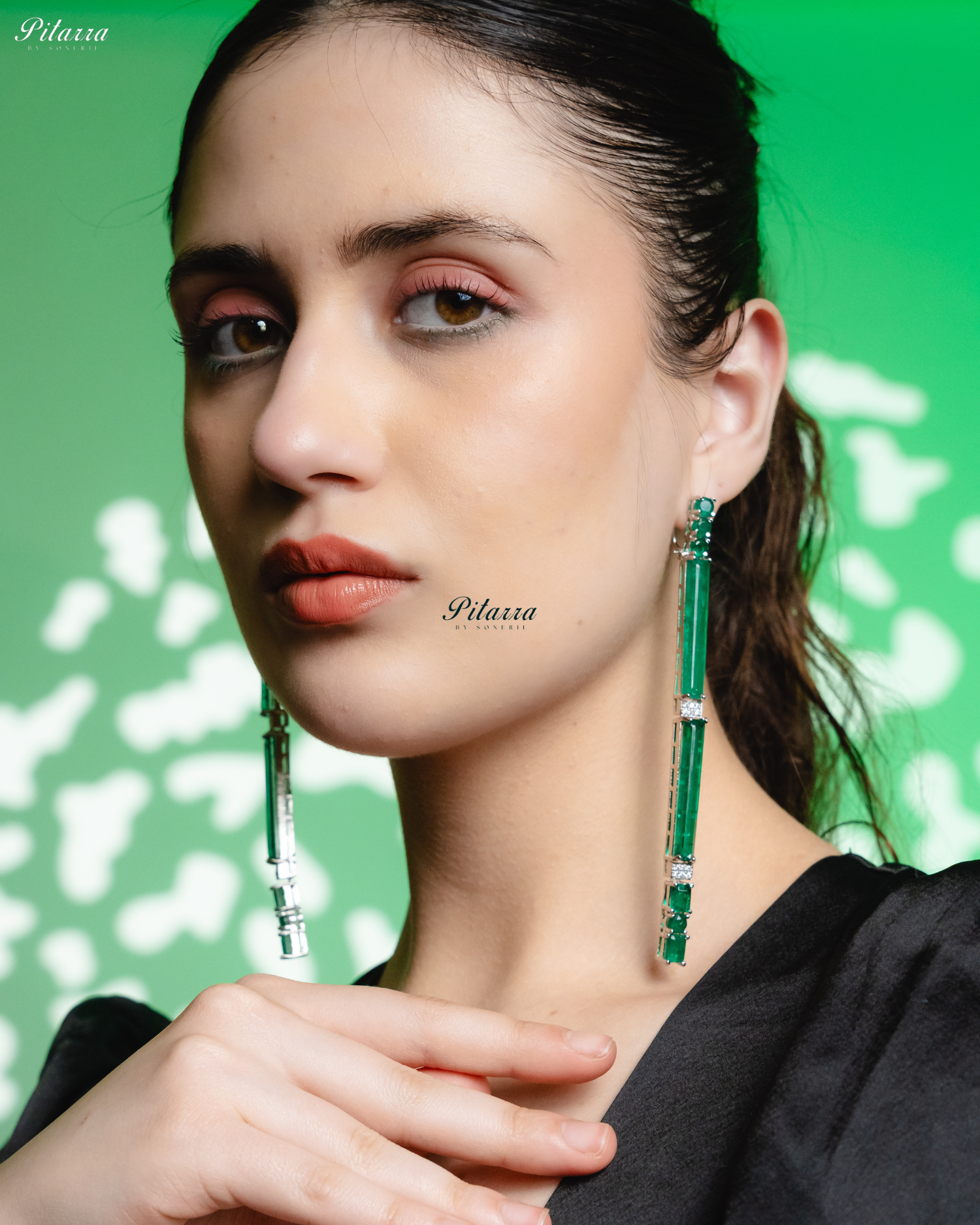 Emerald Stone Linear Long Doublet Drop Earrings