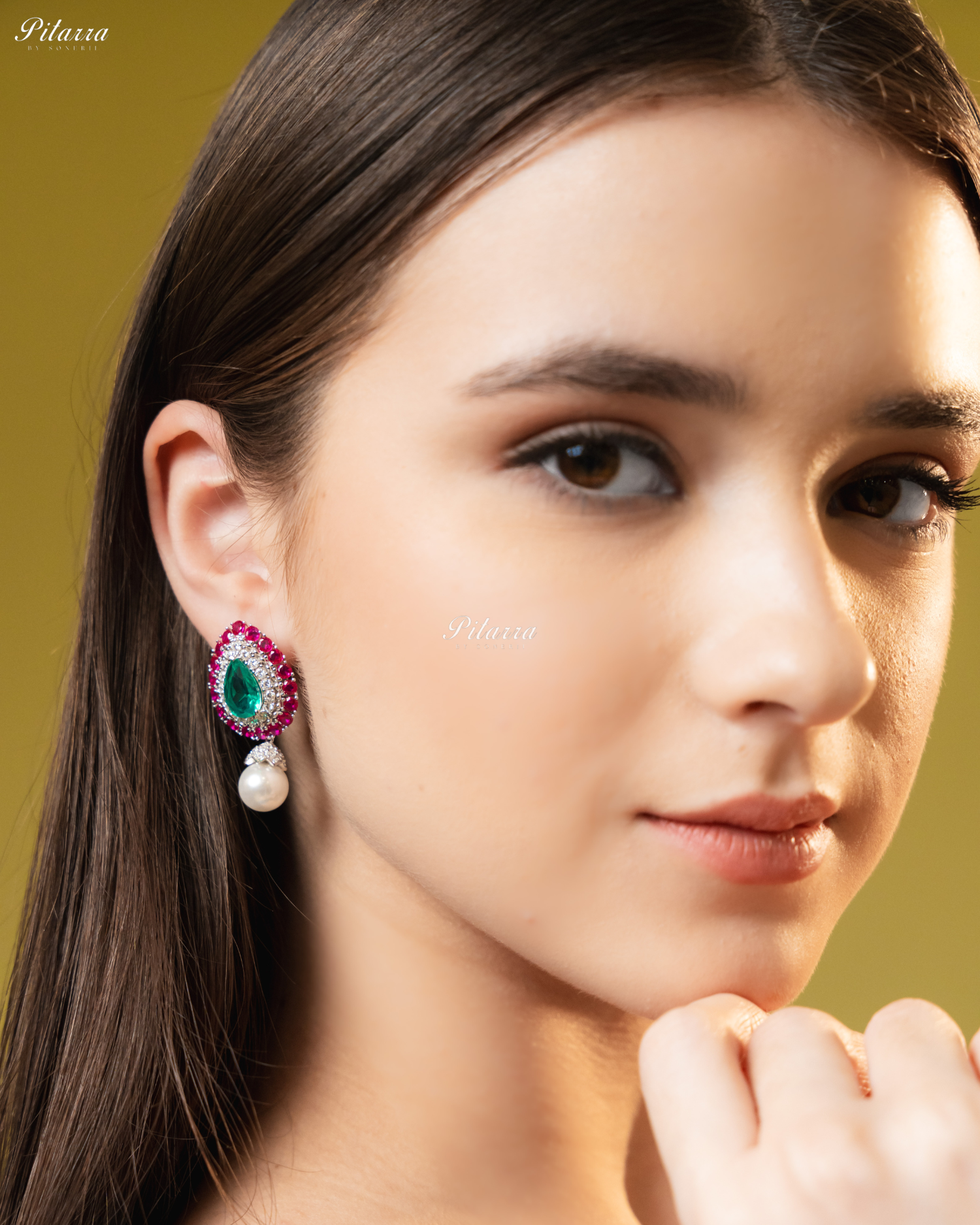 Emerald Stone Pink Line 92.5 Silver Drop Earrings