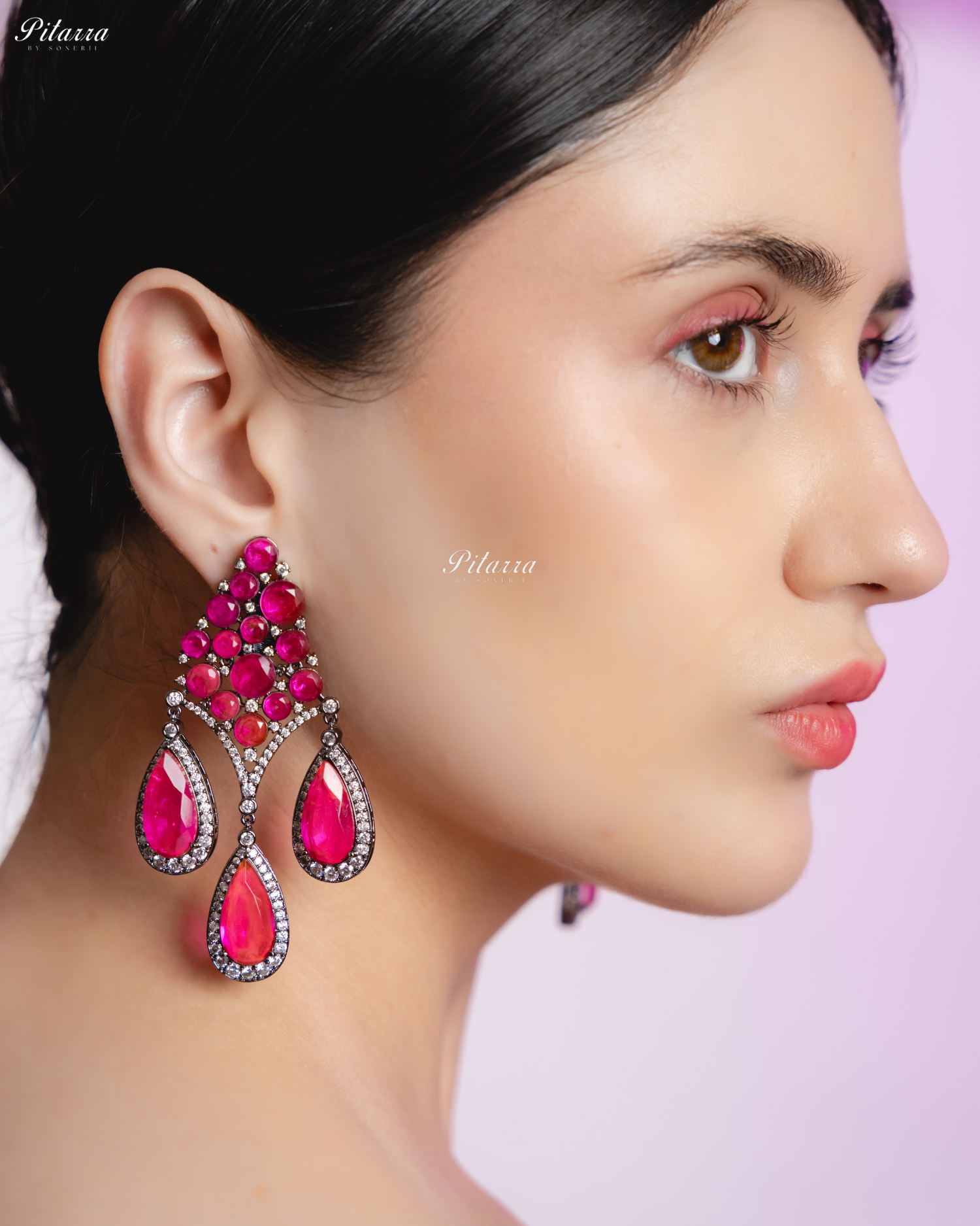 Pink Stone Three Teardrop Silver Finish CZ Crystal Dangler Earrings