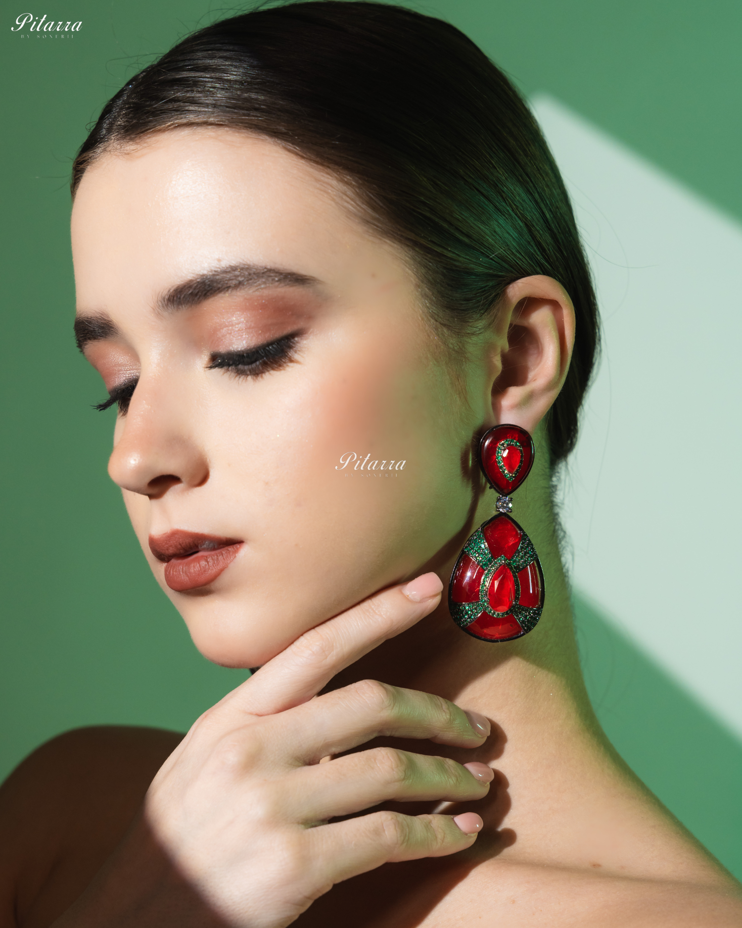 Red Stone Red Drop Emerald Line Crystal Dangler Earrings