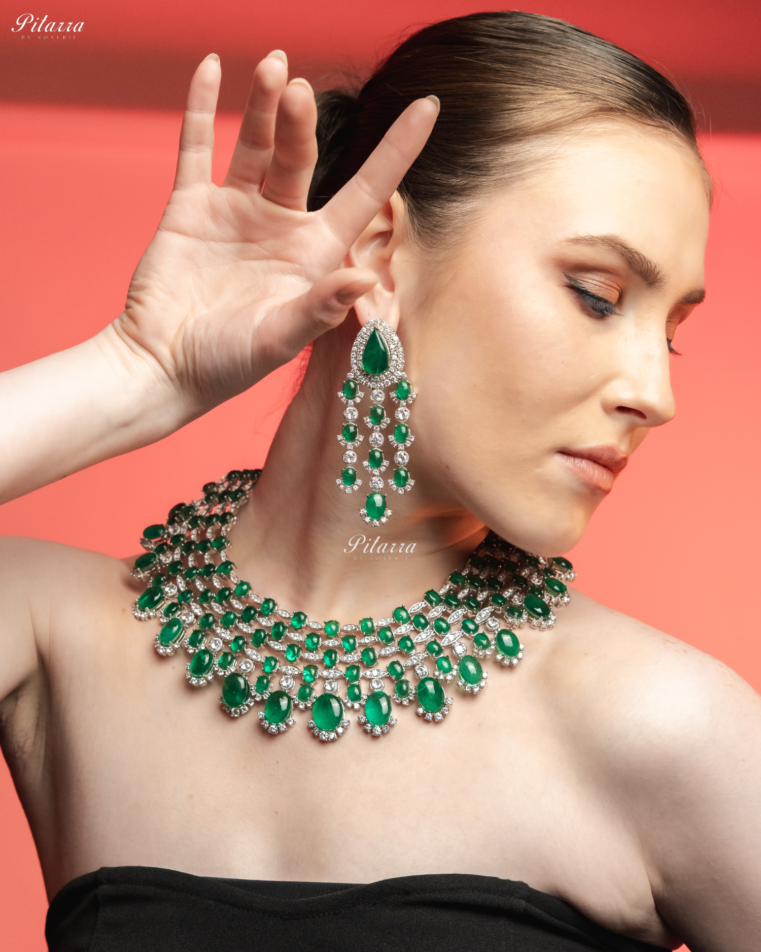 Emerald Stone Silver Multi Layer CZ Necklace Set