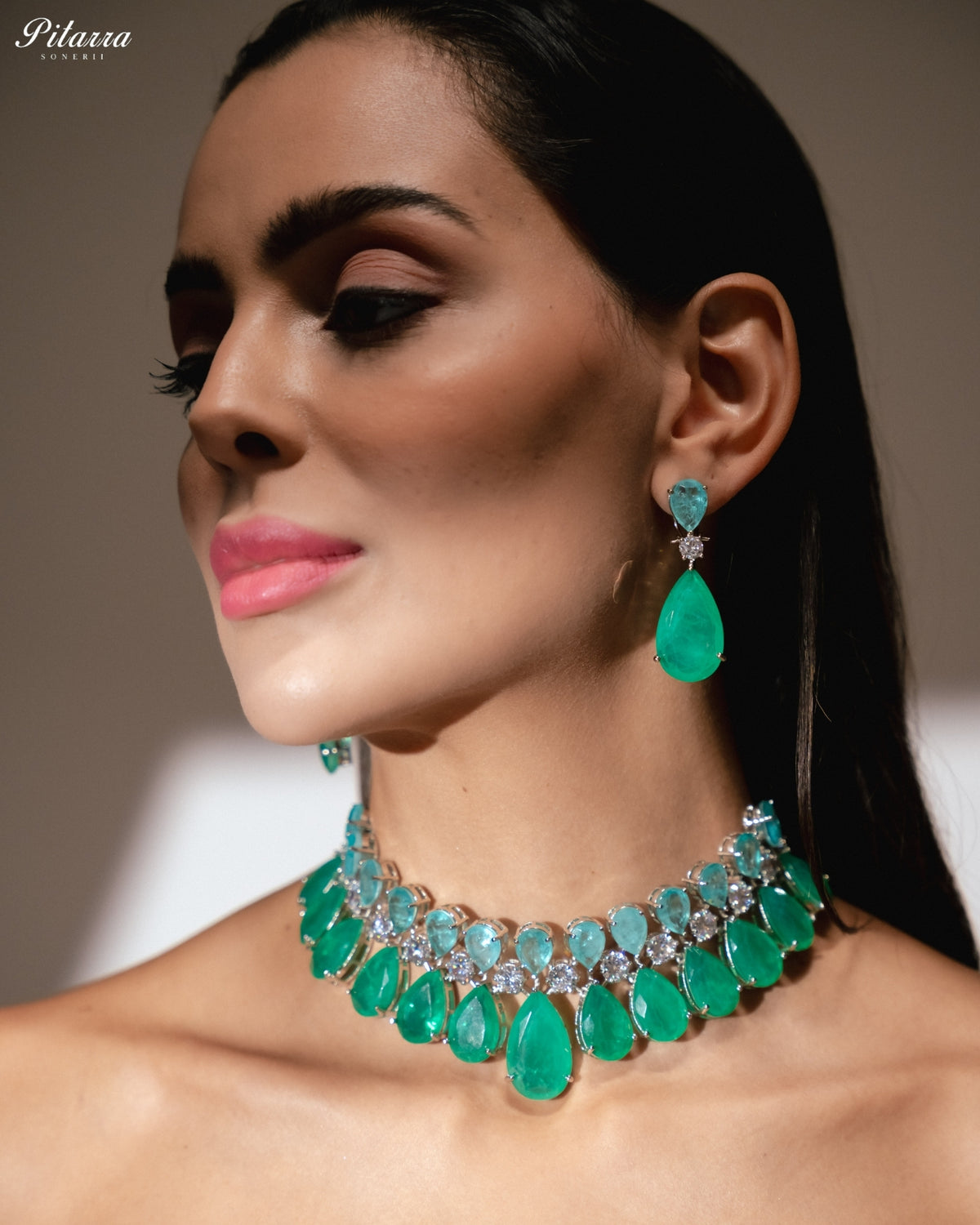Aqua Green & Light Aqua Blue Crystal Statement Choker Necklace Set