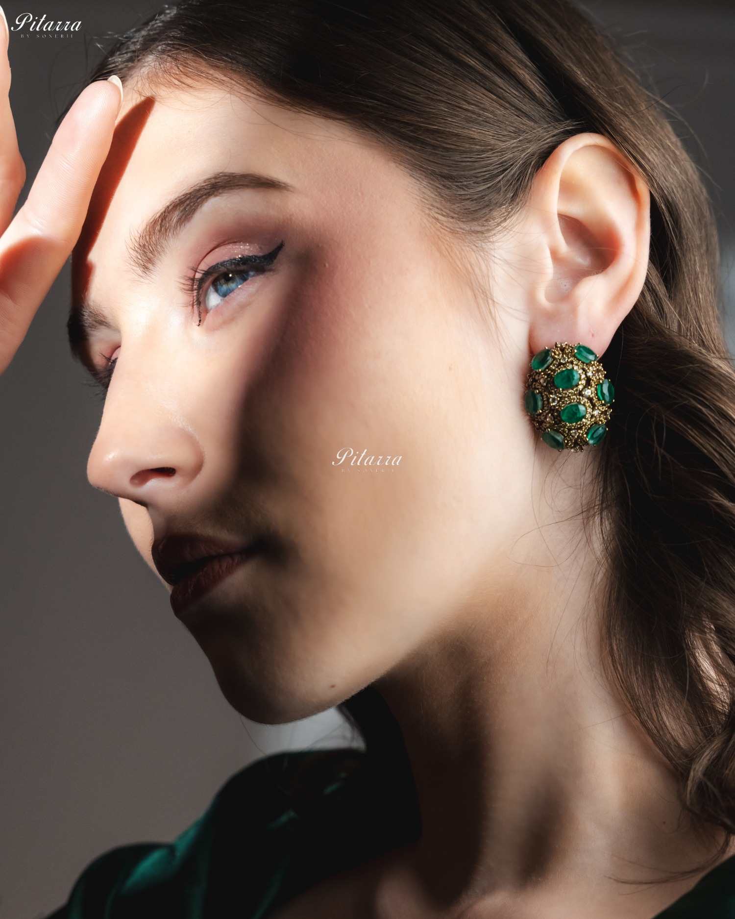 Emerald Stone Golden Crystal Stud Earrings
