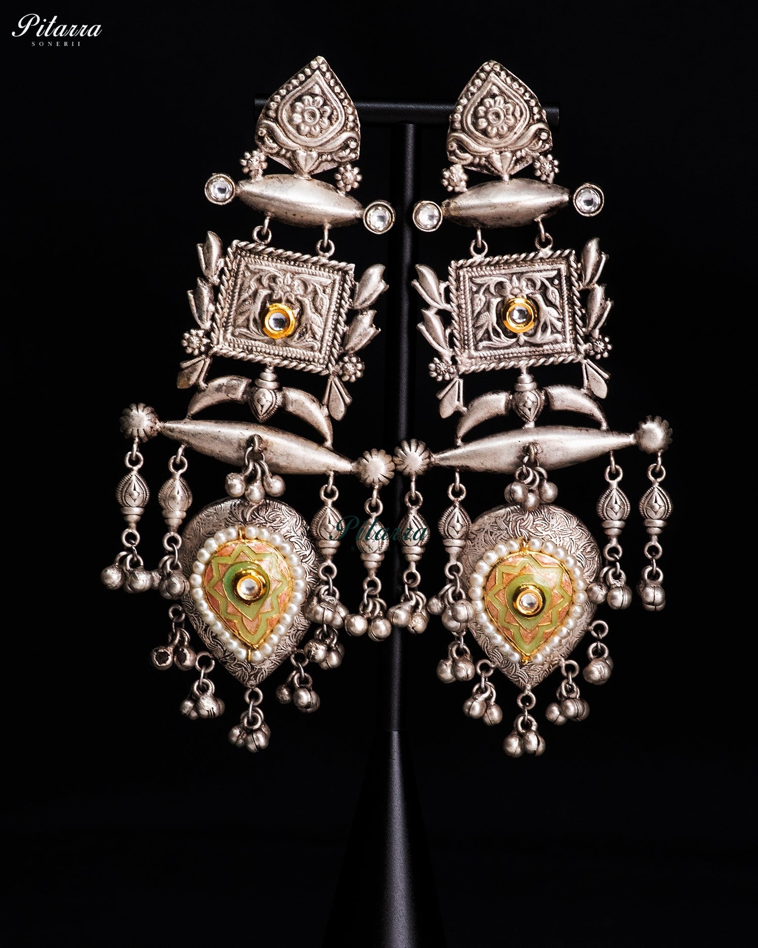 Multicolor Silver Look-Alike Heritage Statement Earrings