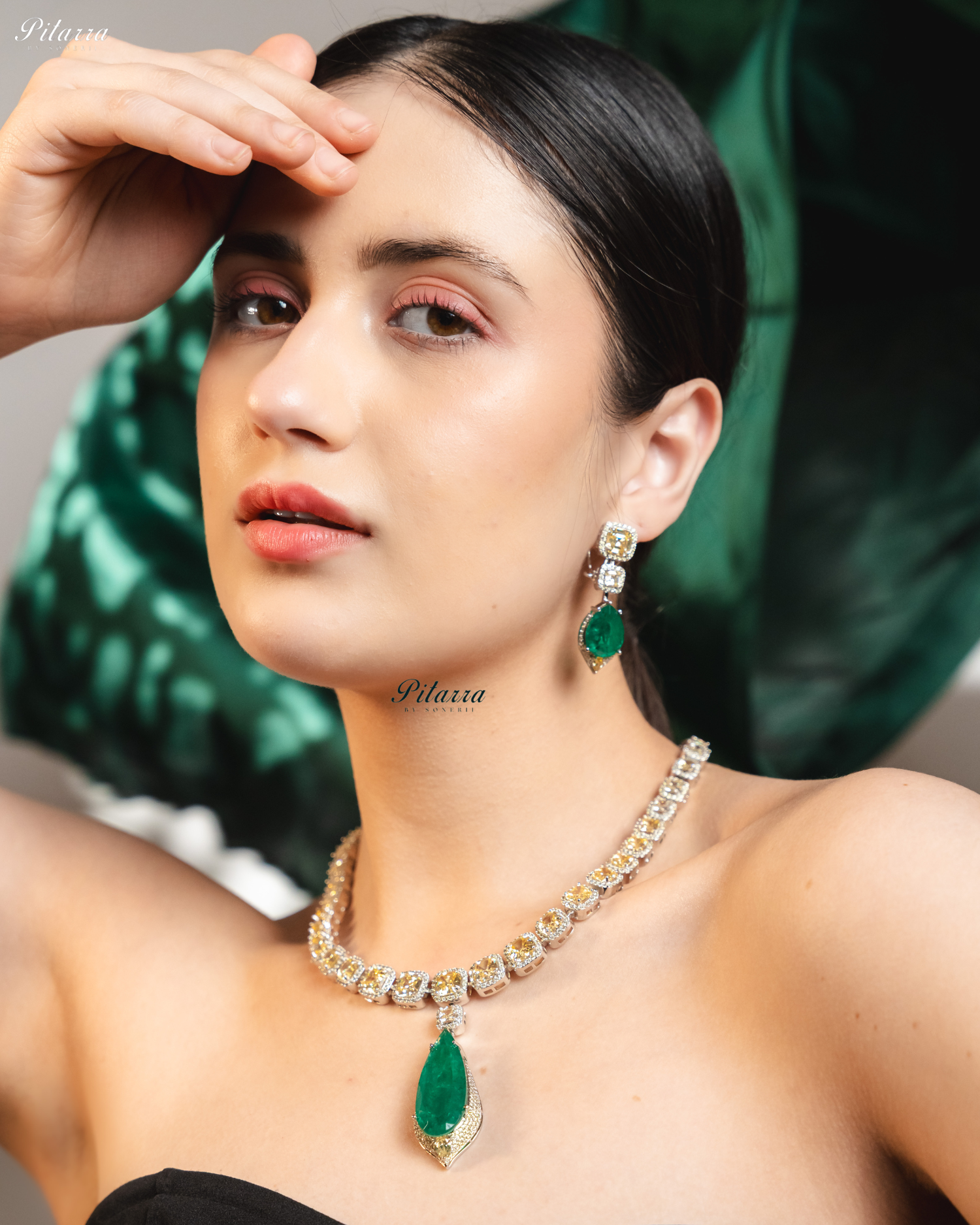 Emerald Crystals Cut Silver Plated Zircon Necklace Set
