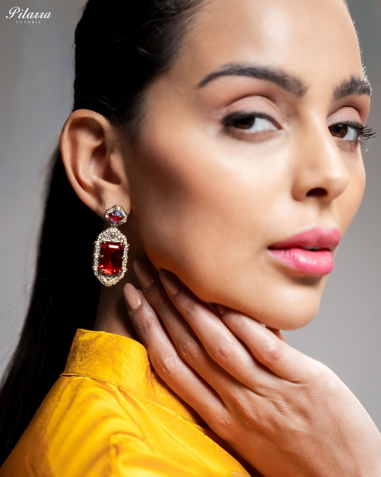 Red Emerald Cut Diamond Halo Statement Drop Earrings