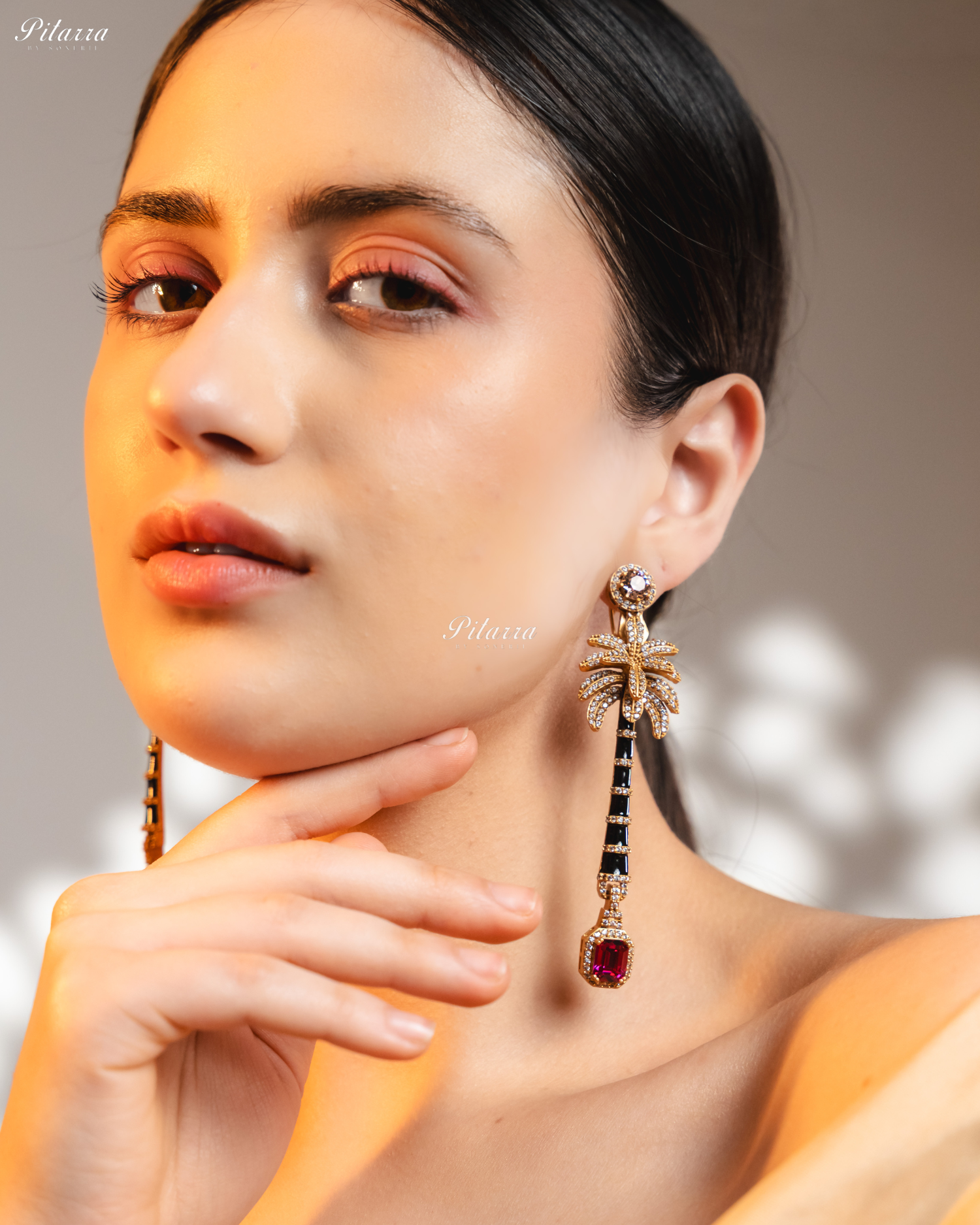 Golden and Pink Stone Palm Tree Crystal Earrings