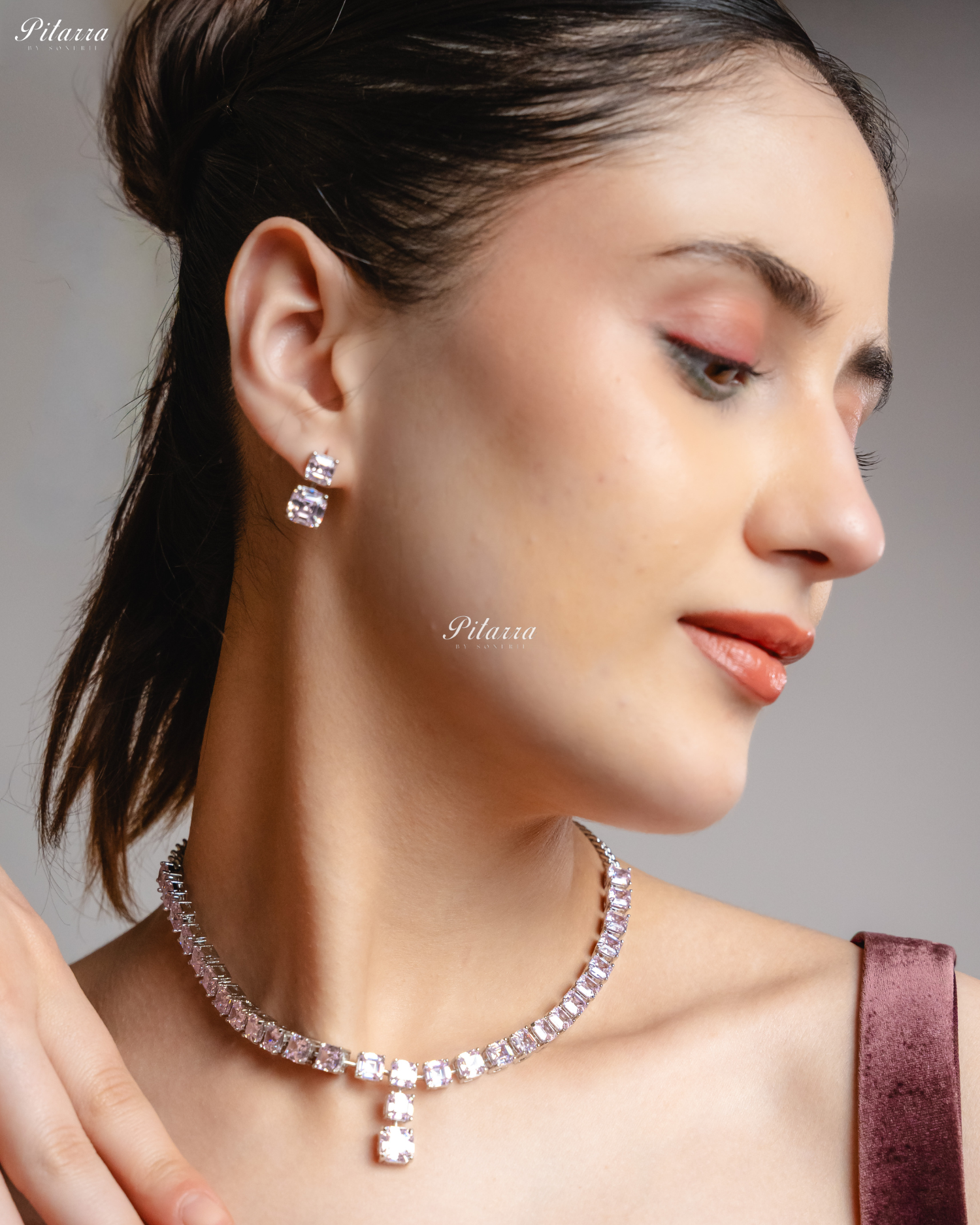 Pink Tone One Layer Square Drop Statement Necklace Set