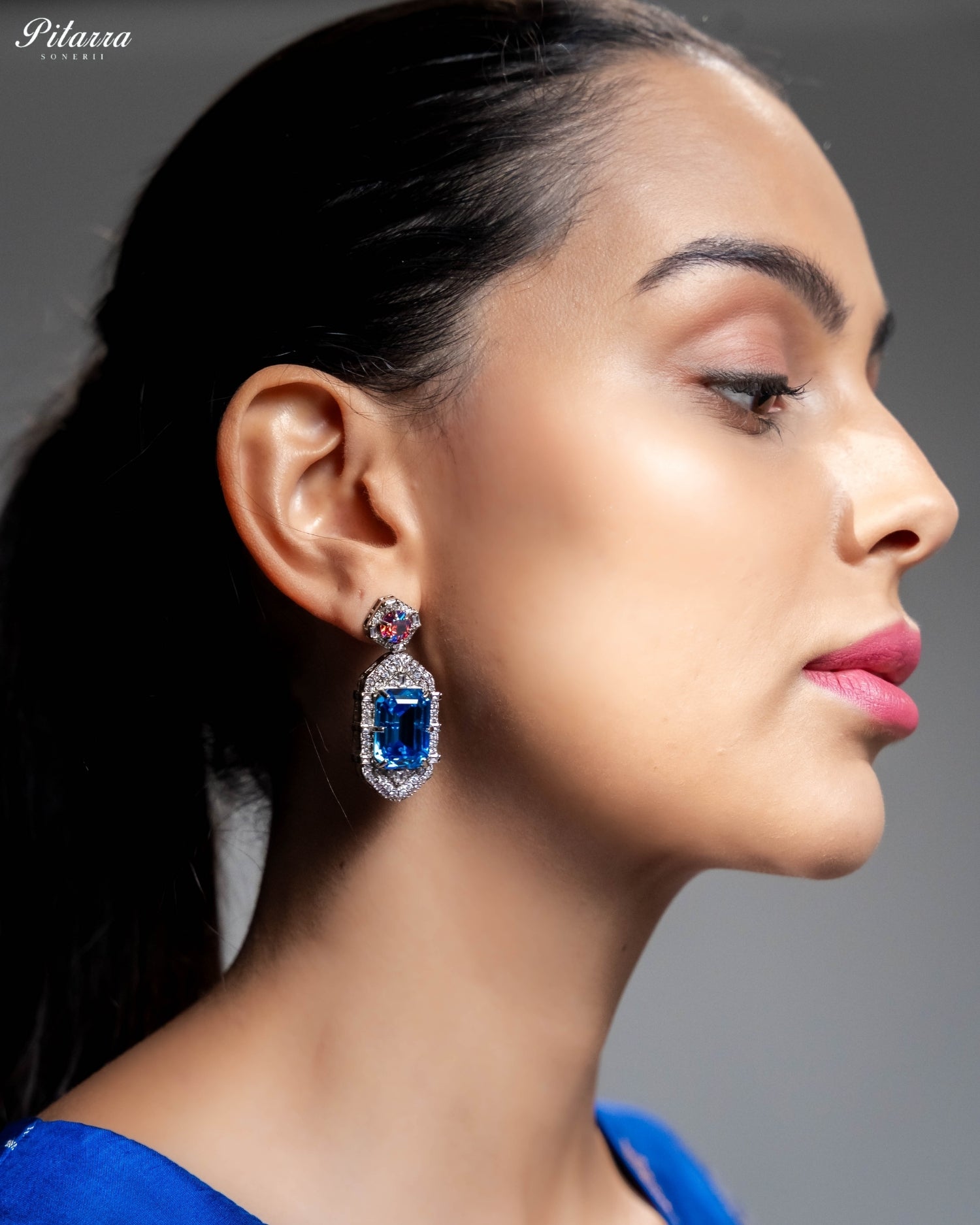 Blue Emerald Cut Diamond Halo Statement Drop Earrings
