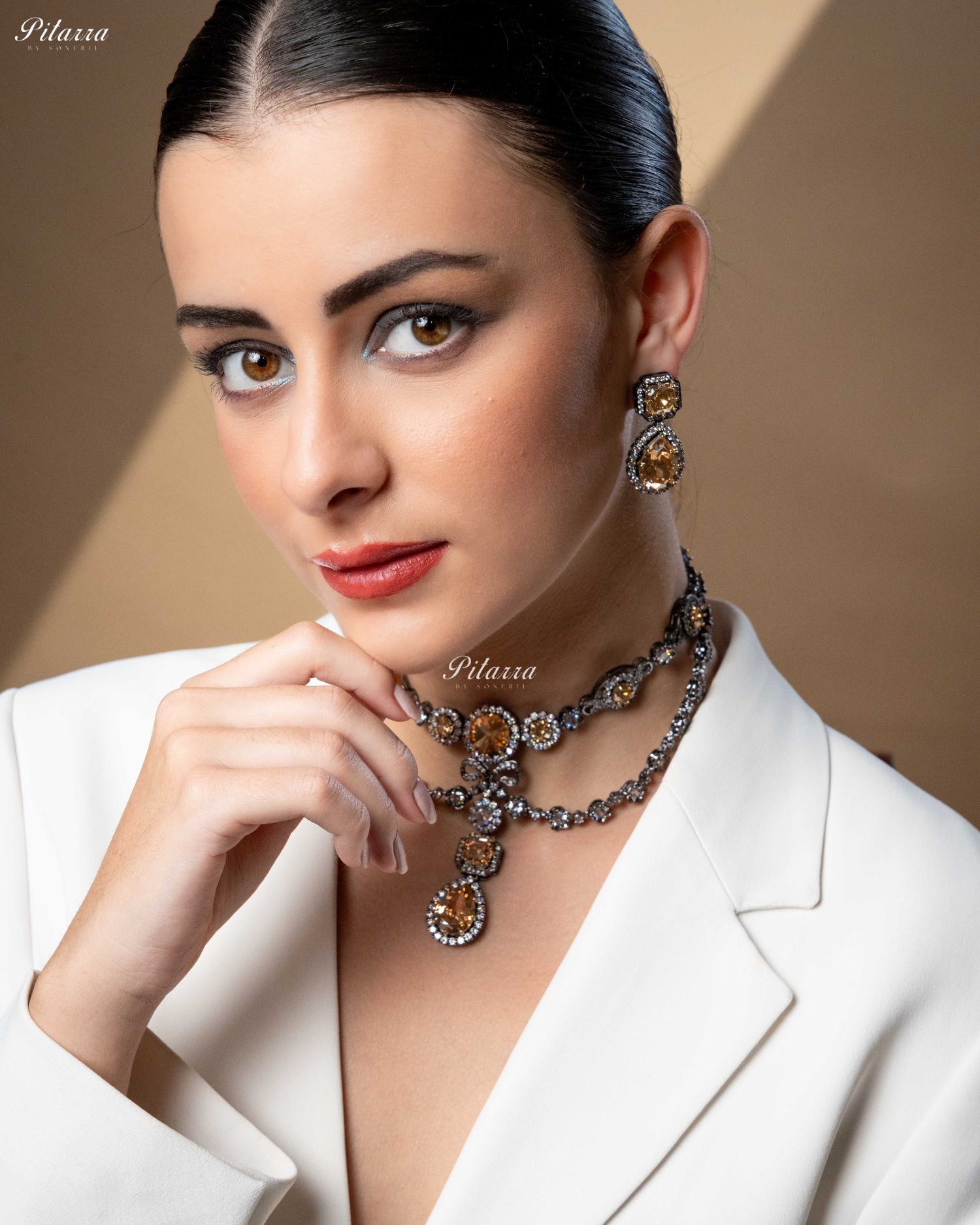 Yellow Two Layer Silver CZ Victorian Black polish Necklace Set