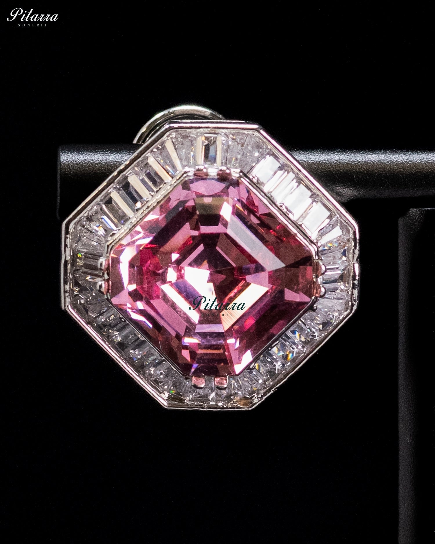Pink Octagonal Crystal Halo Crystal Earrings