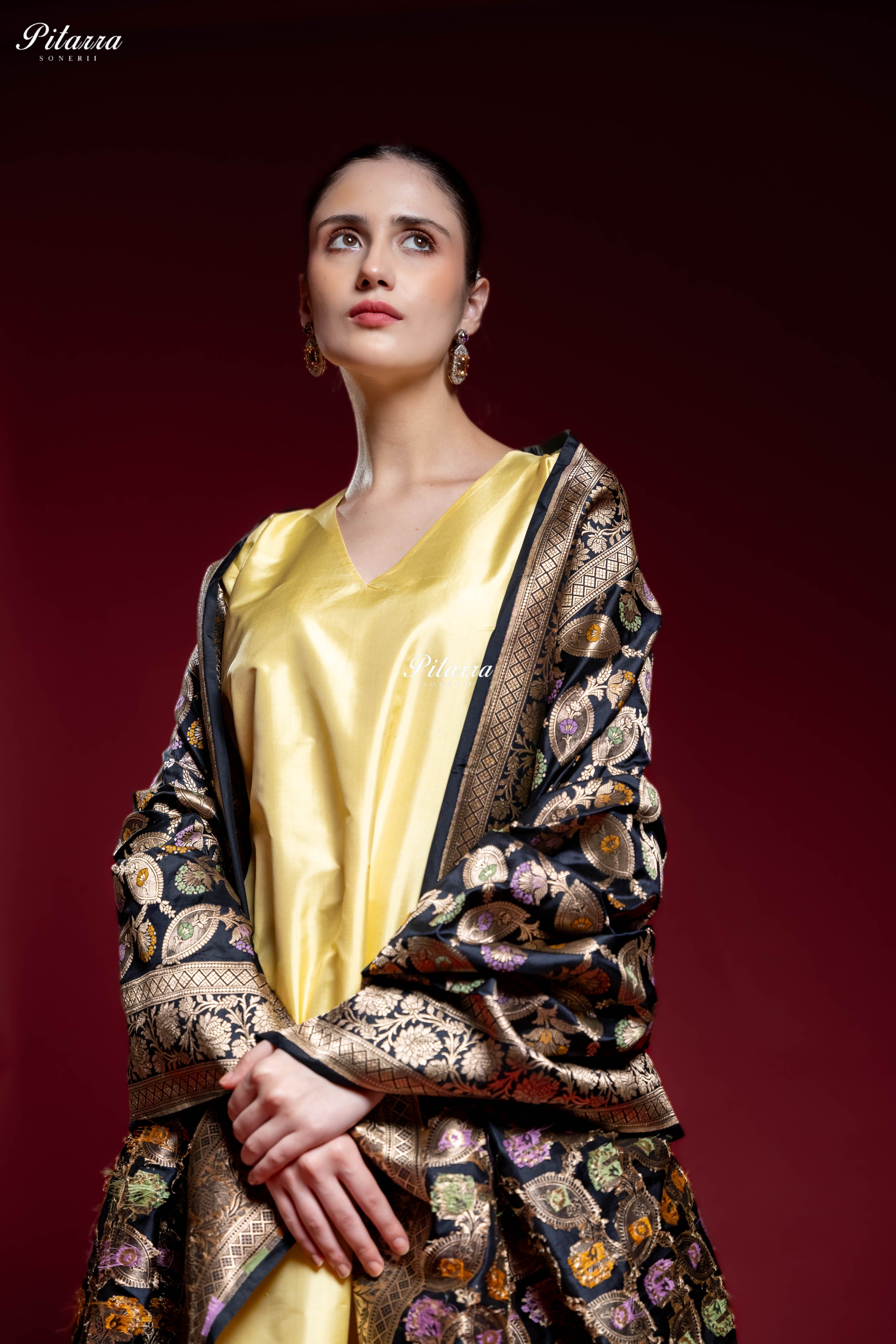 Golden Yellow Silk Kurta Set with Black Banarasi Dupatta