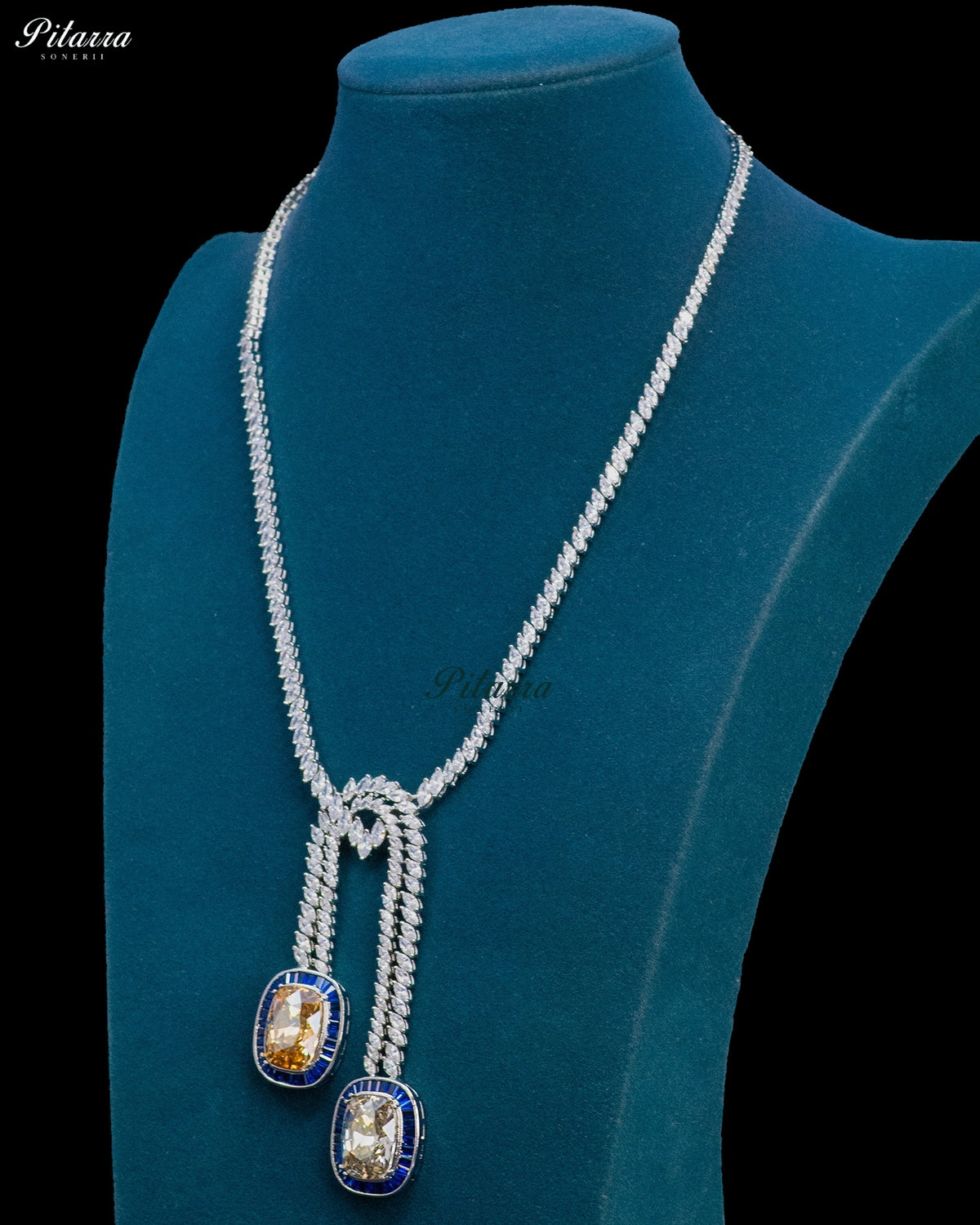 Champagne Stone Blue Baguette Zircon Silver Crystal Lariat Necklace Set