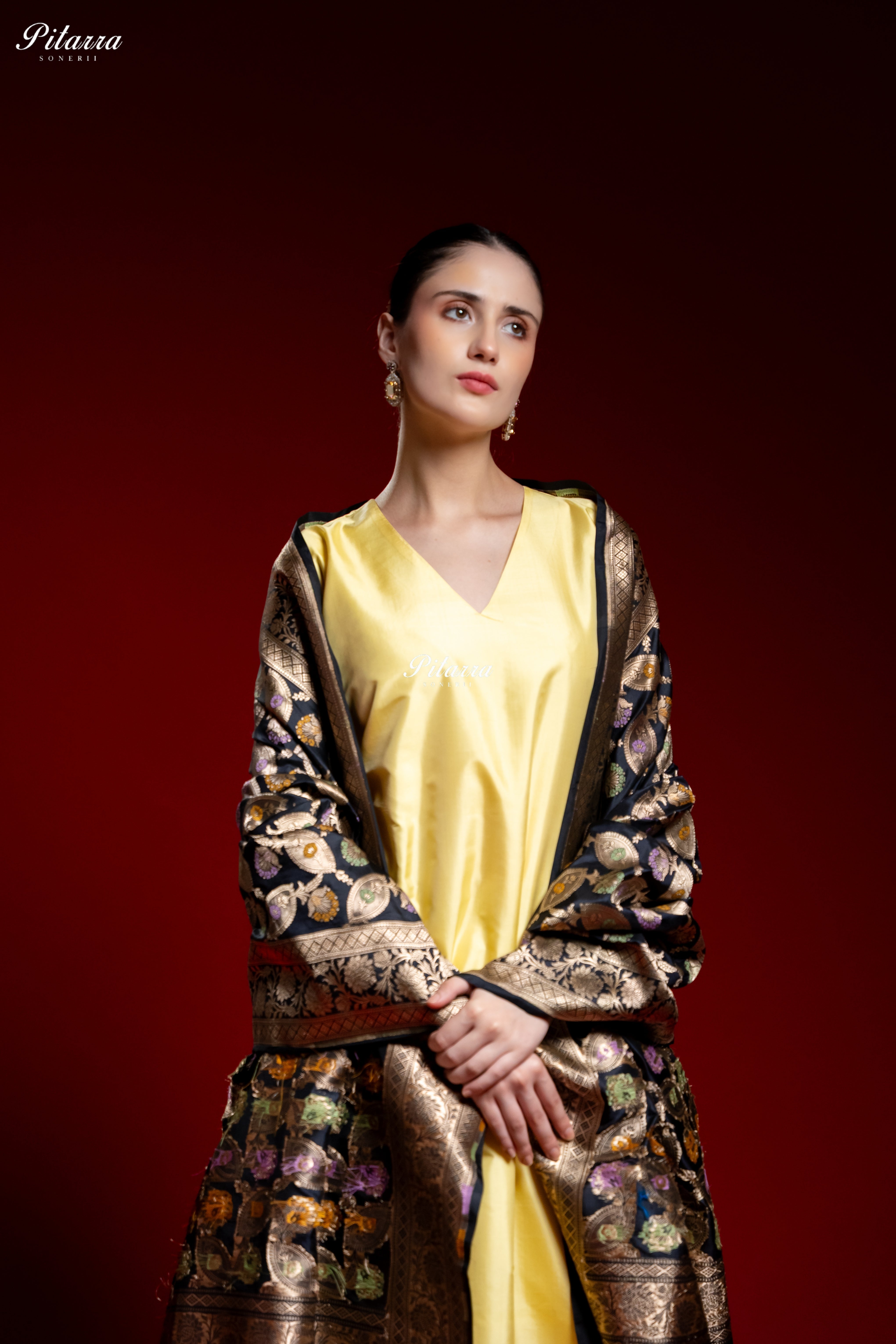 Golden Yellow Silk Kurta Set with Black Banarasi Dupatta