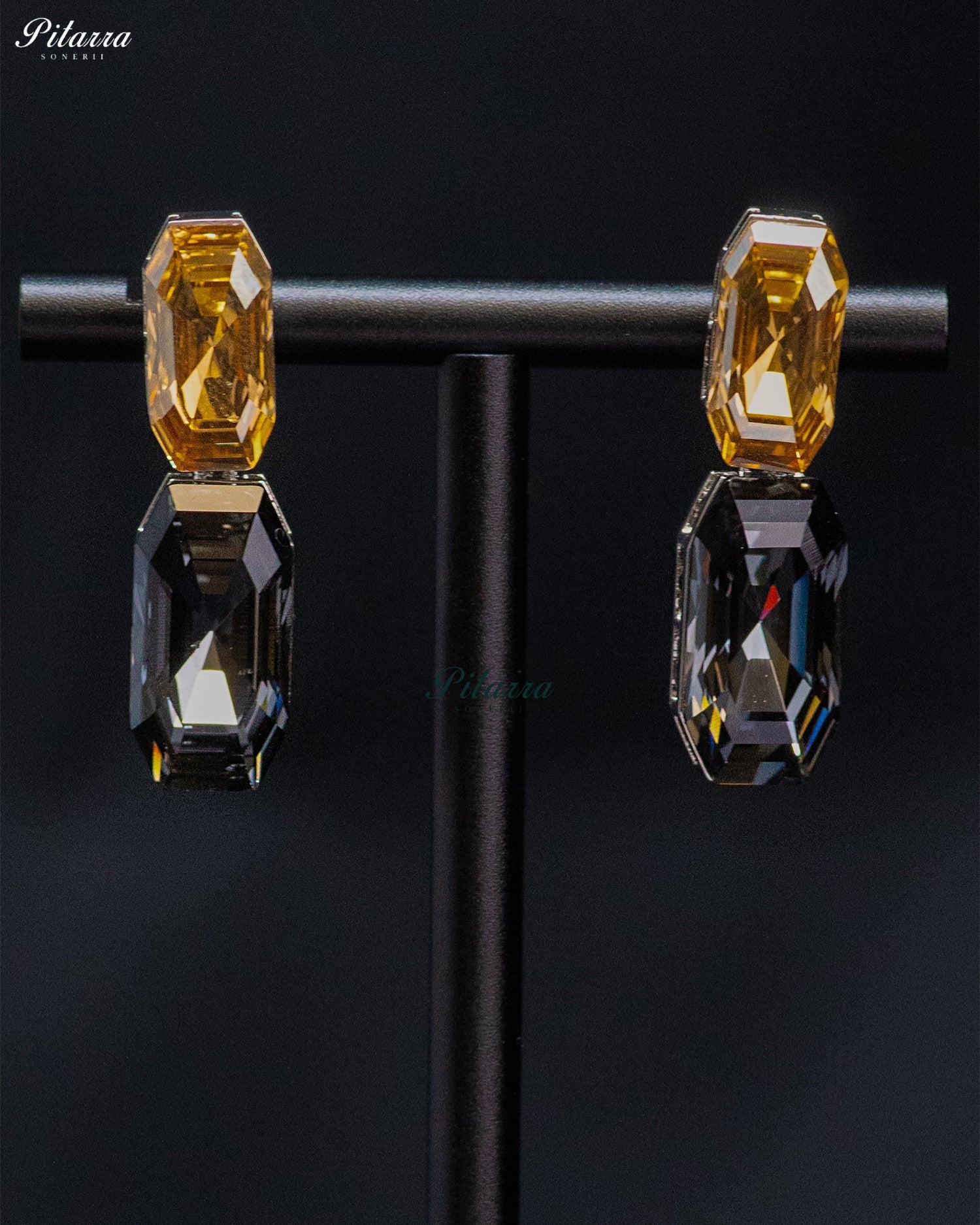 Golden Yellow and Smoky Grey Emerald-Cut Crystal Drop Earrings