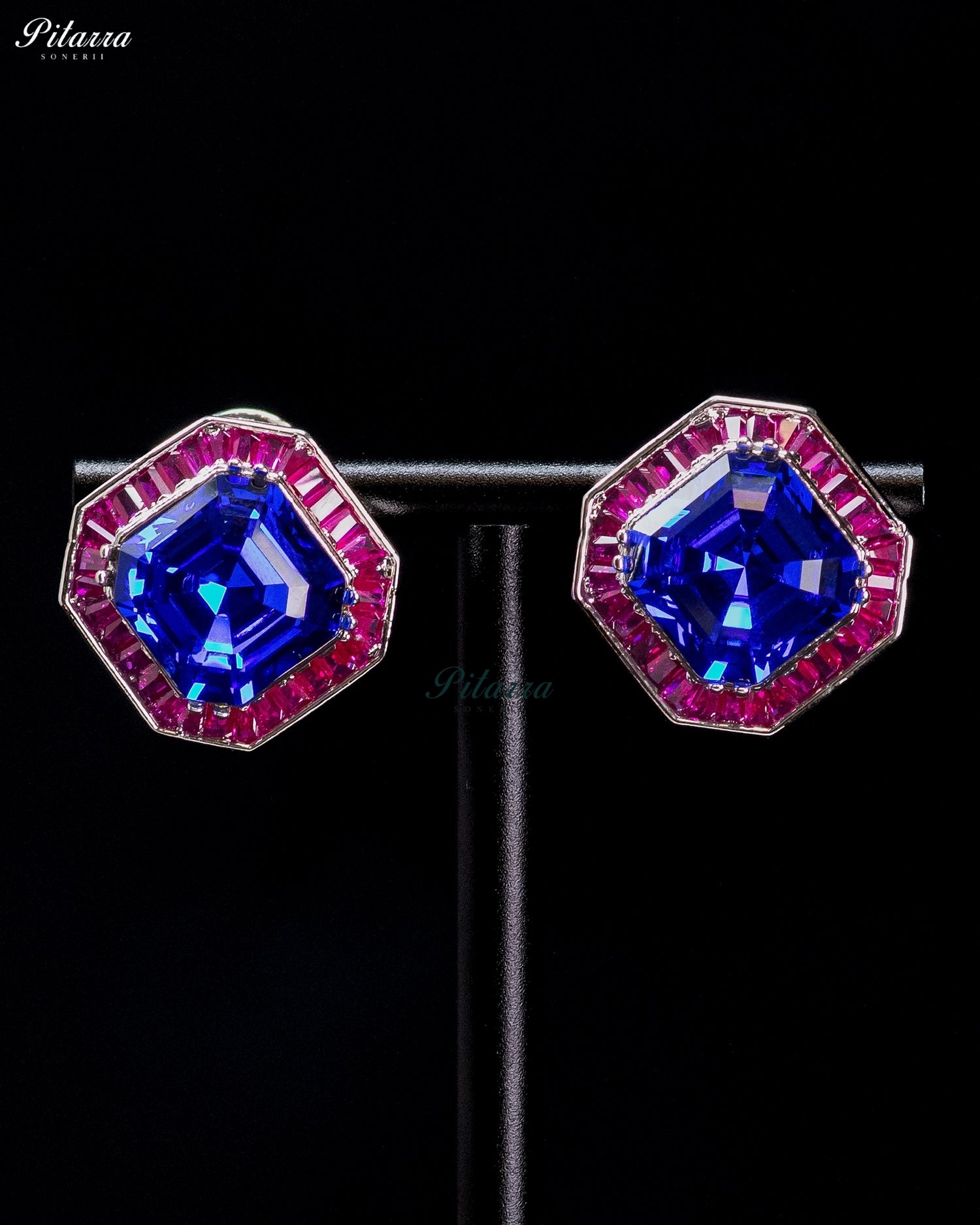 Royal Blue And Pink Octagonal Crystal Statement Crystal Earrings