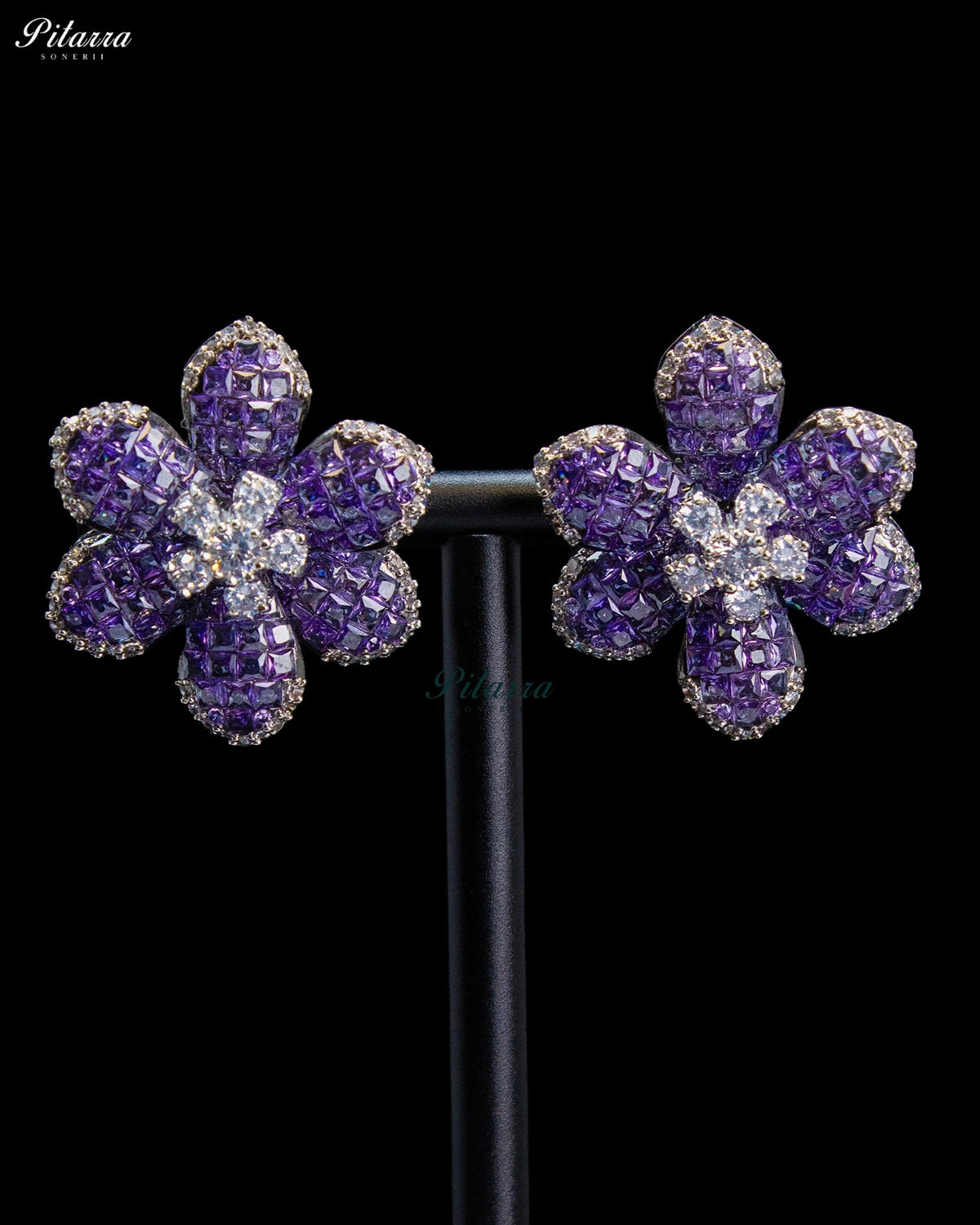 Purple Crystal Flower Stud Earrings