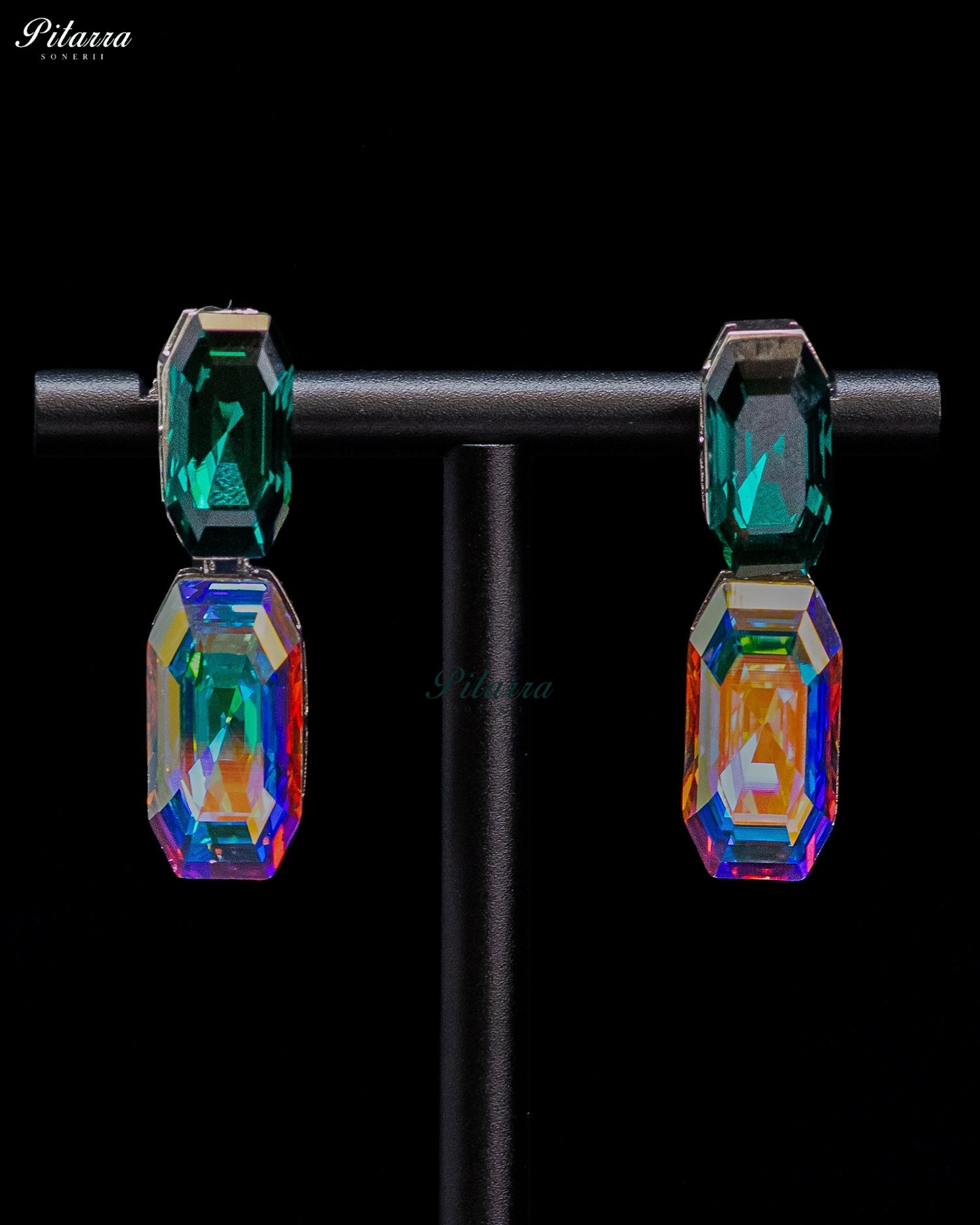 Emerald Green and Multicolor Emerald Cut Crystal Drop Earrings