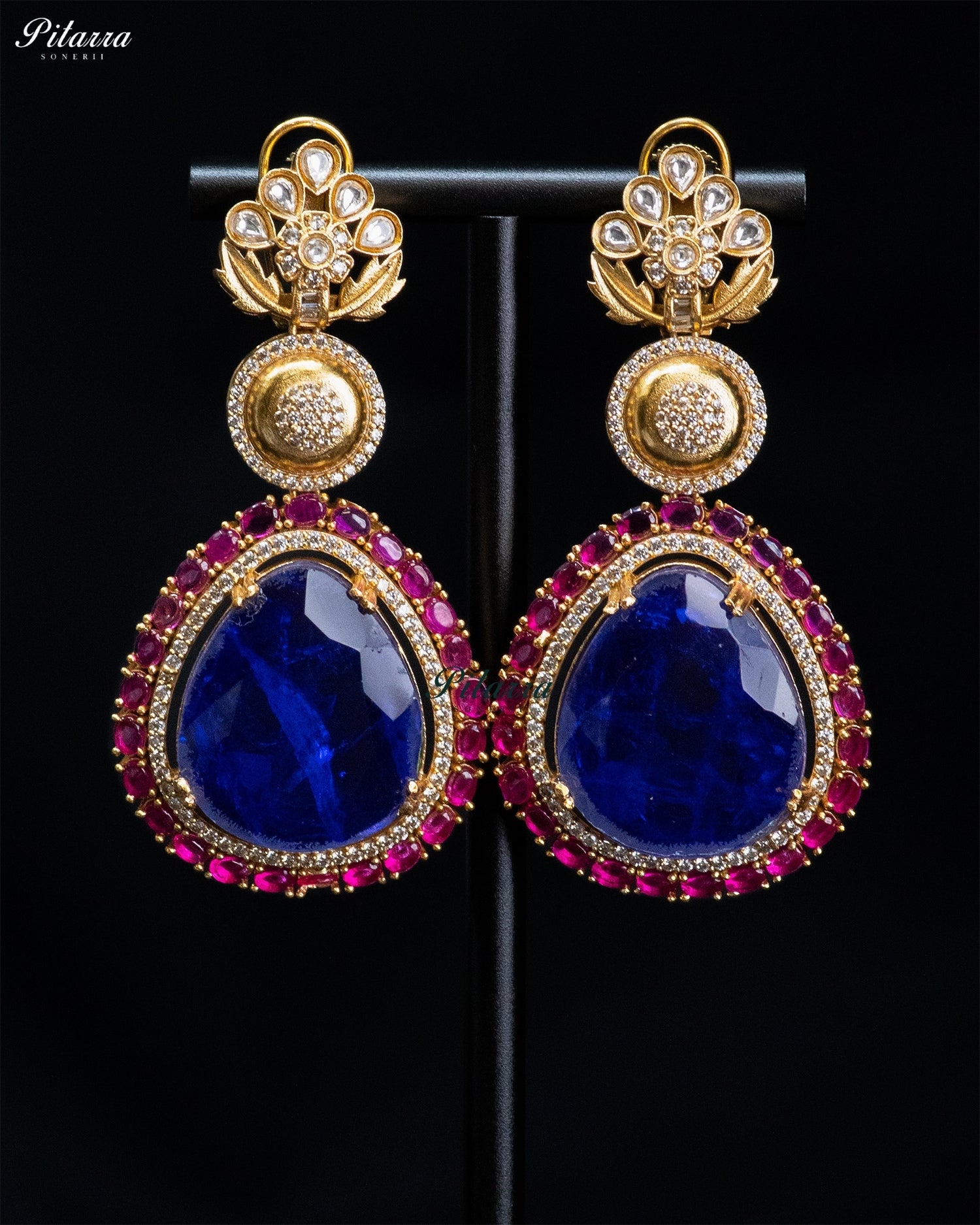 Blue Teardrop Kundan Floral Necklace Set