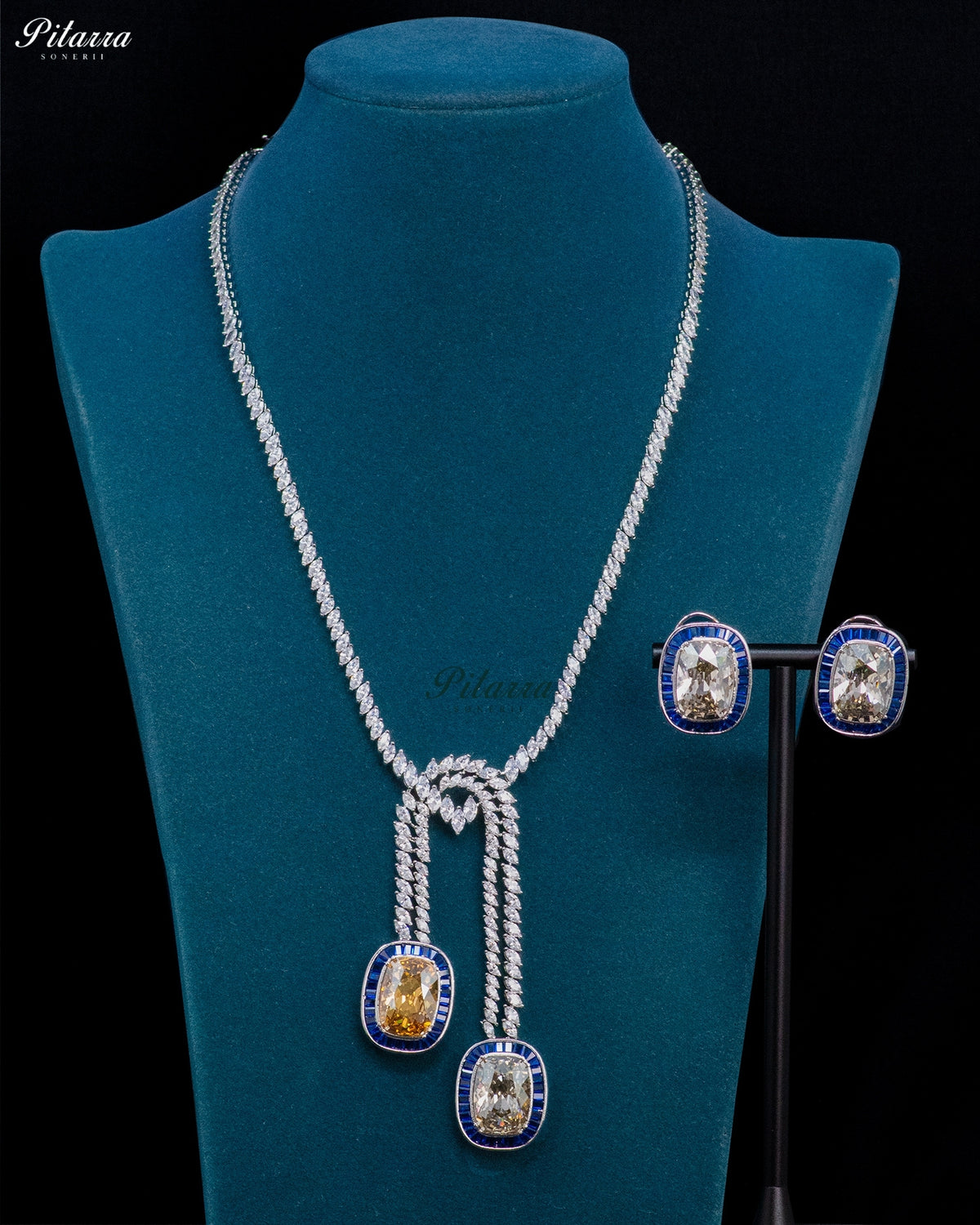Champagne Stone Blue Baguette Zircon Silver Crystal Lariat Necklace Set