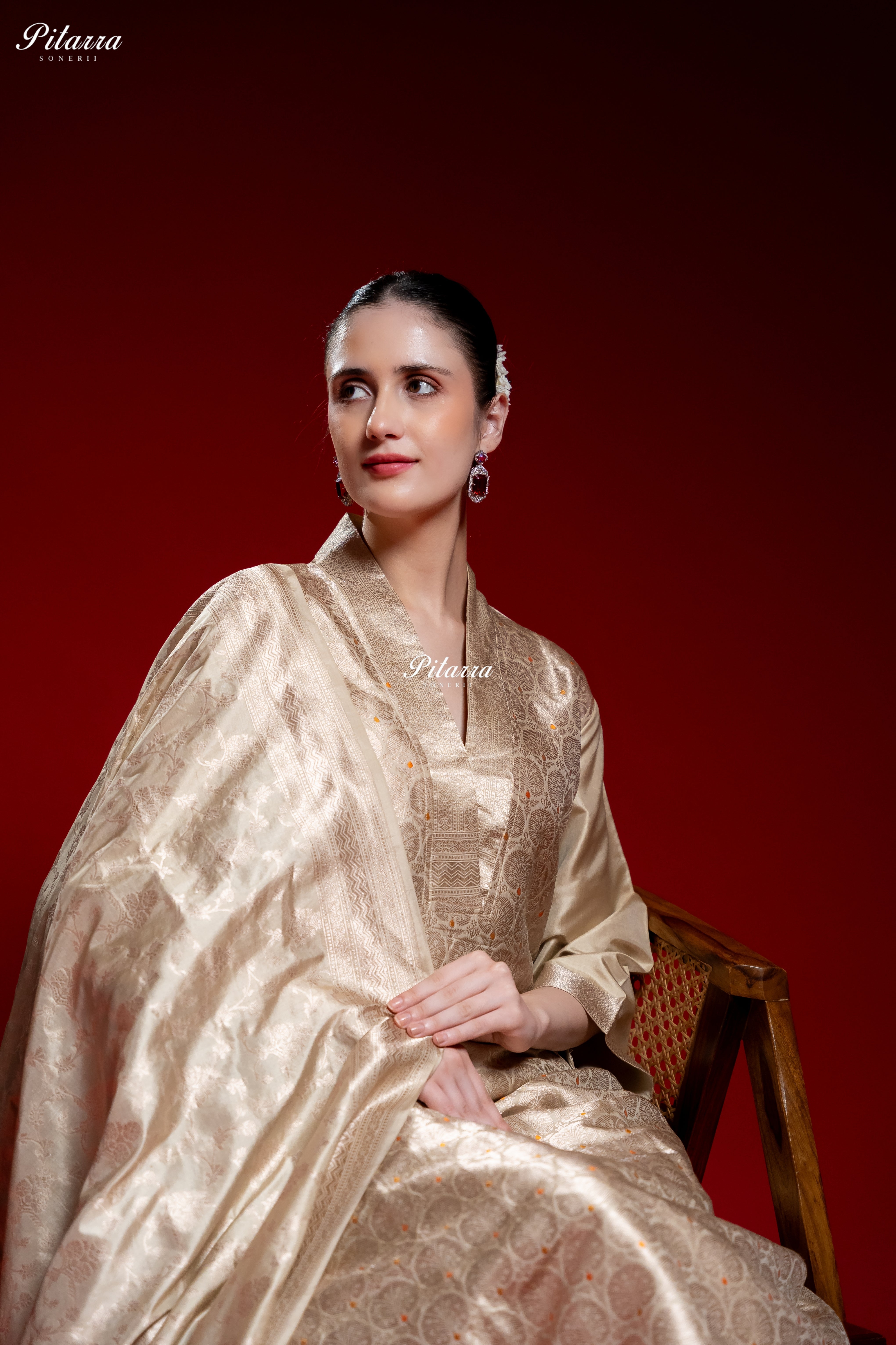 Ivory Gold Banarasi Jacquard Silk Kurta Set with Matching Dupatta