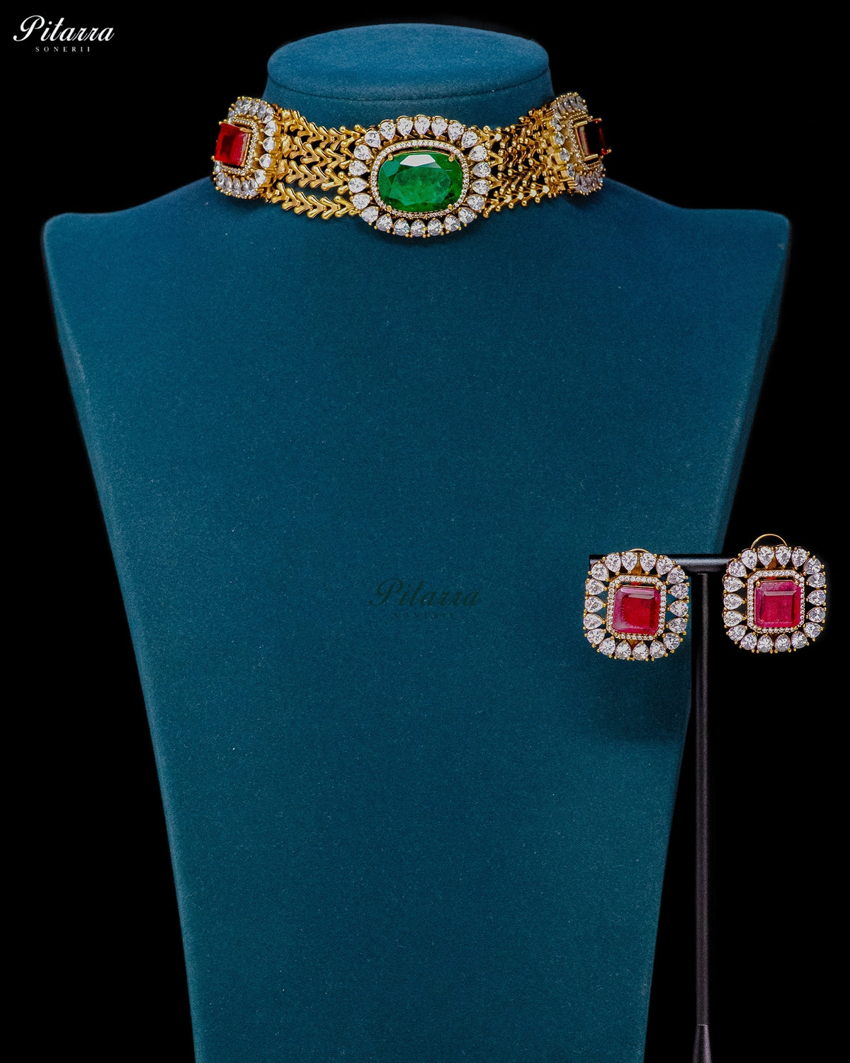 Emerald Green & Ruby Red Stone Kundan Choker Set