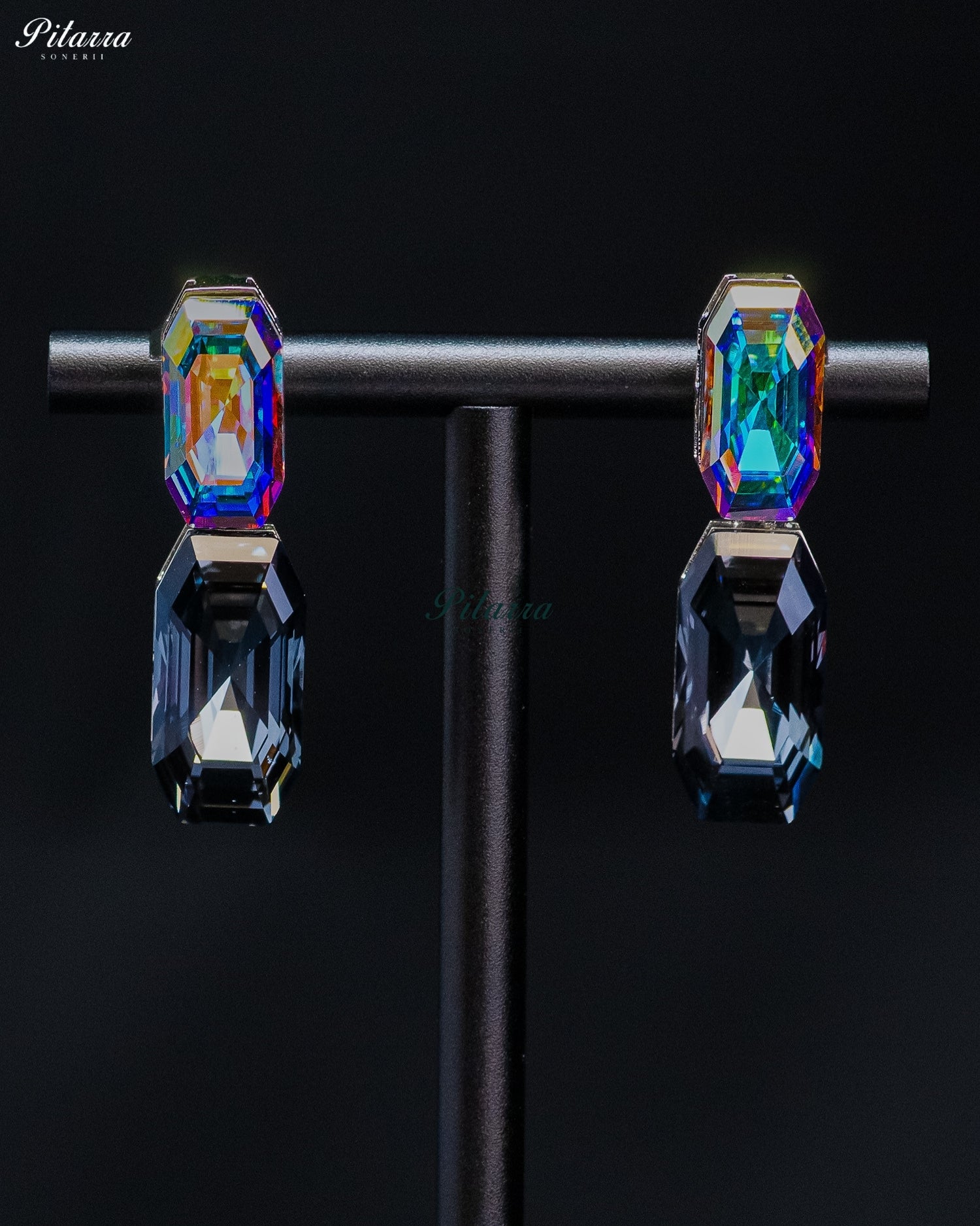 Multicolor and Black Emerald Cut Crystal Drop Earrings