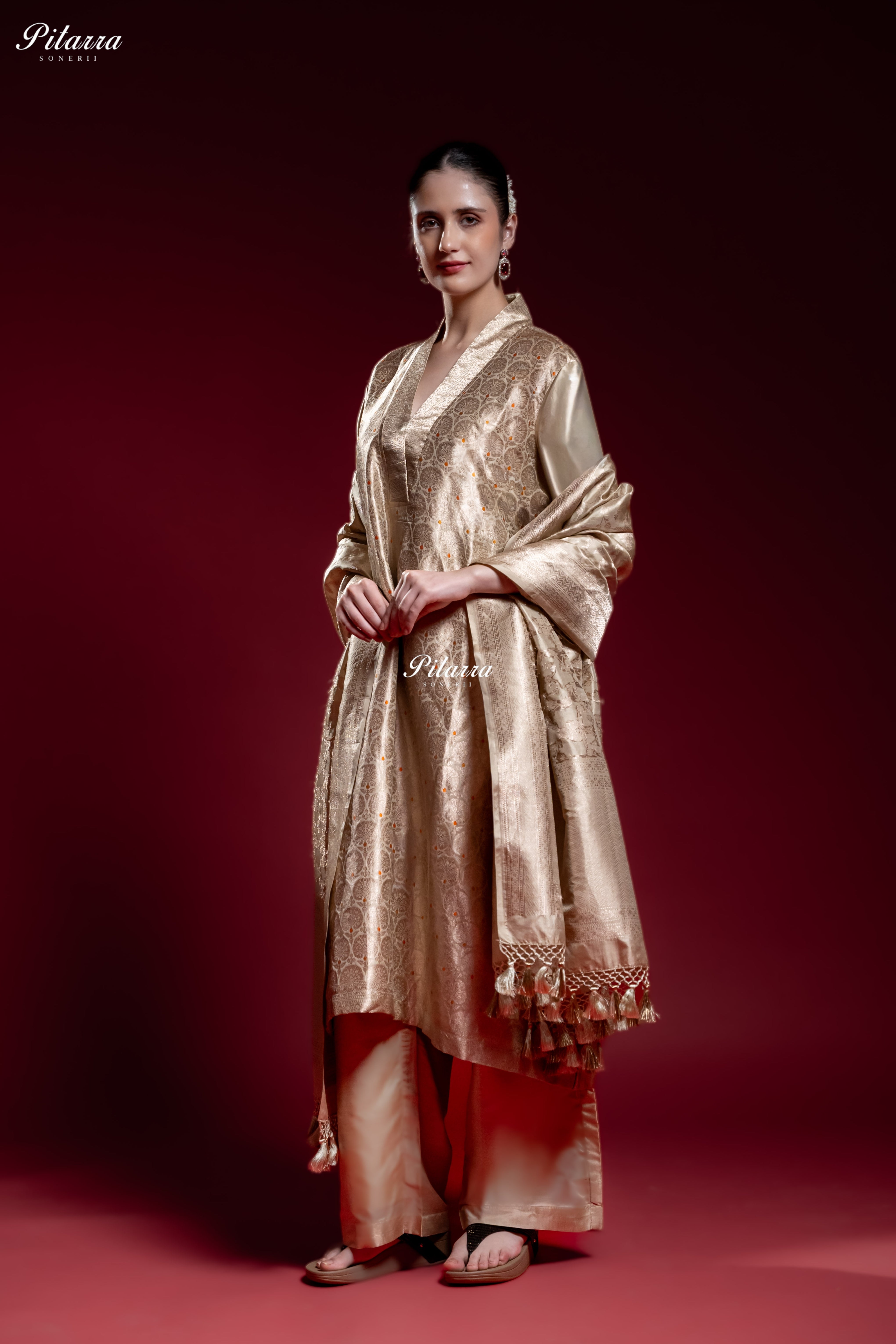 Ivory Gold Banarasi Jacquard Silk Kurta Set with Matching Dupatta