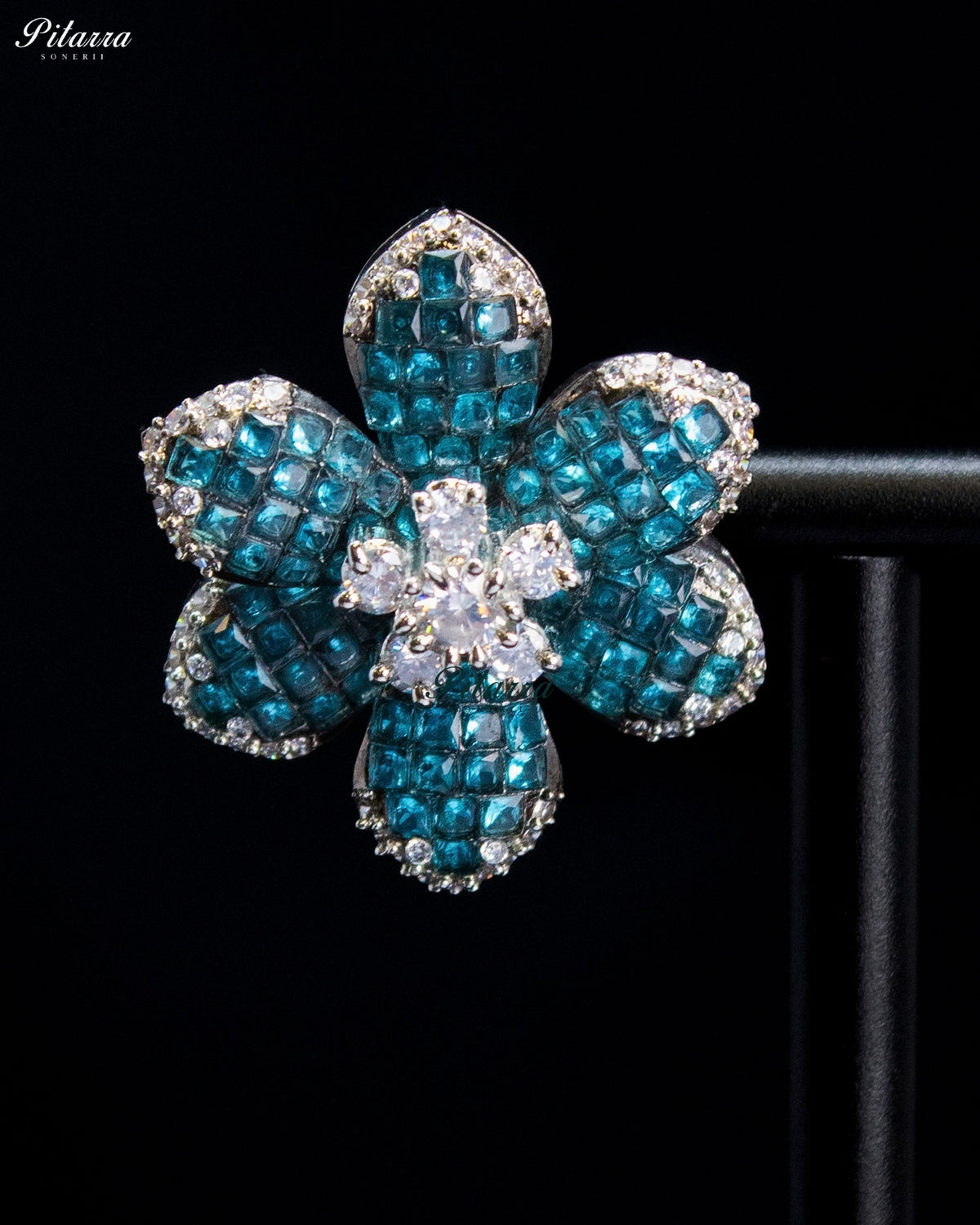 Teal Blue Crystal Flower Stud Earrings