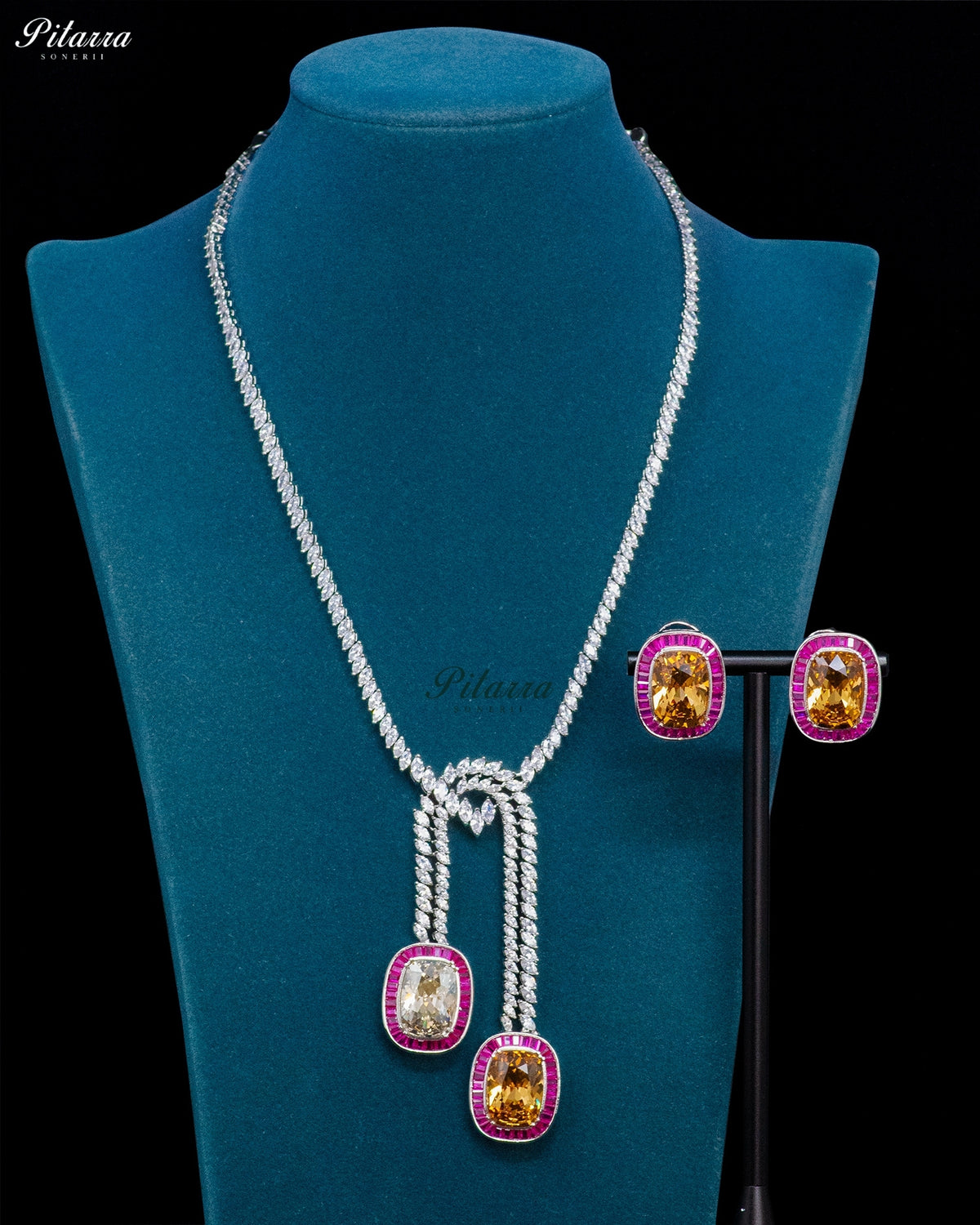 Champagne Stone Pink Baguette Zircon Silver Crystal Lariat Necklace Set