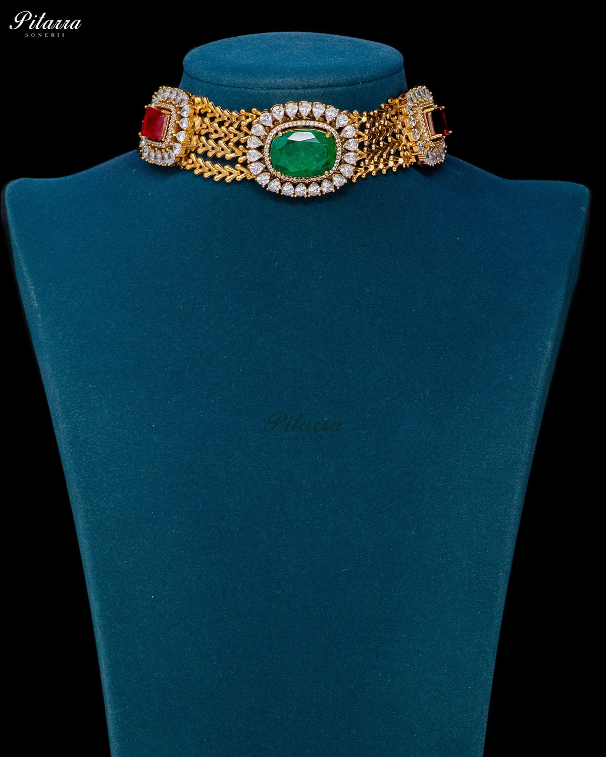 Emerald Green & Ruby Red Stone Kundan Choker Set