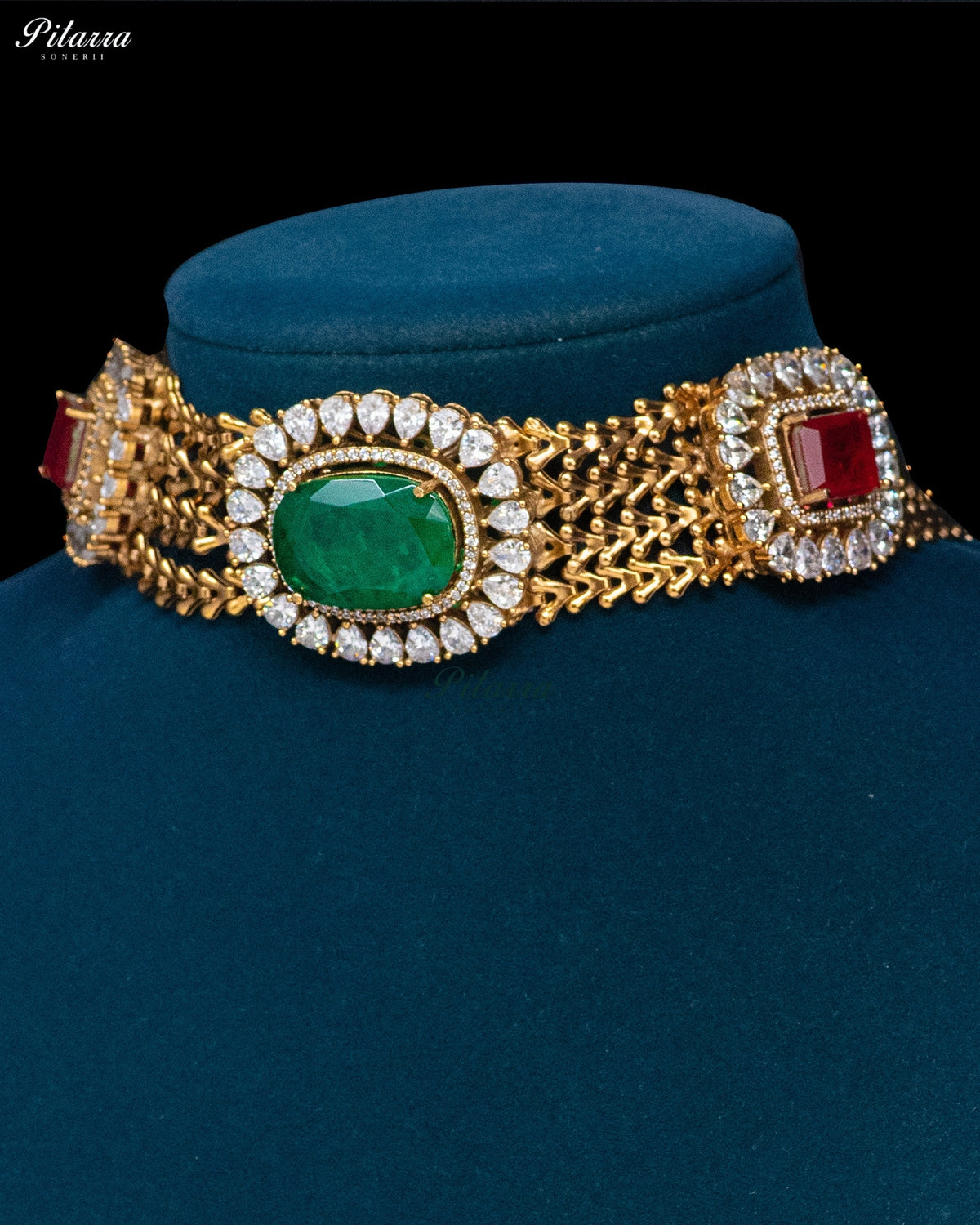 Emerald Green & Ruby Red Stone Kundan Choker Set